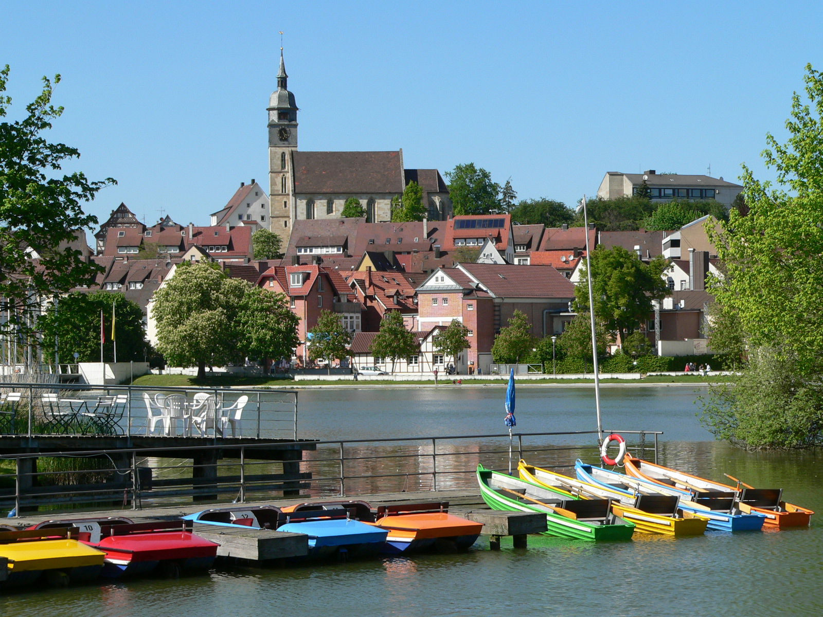 Boeblingen, Germany. Lake Oberer See and church Stadtkirche St.…