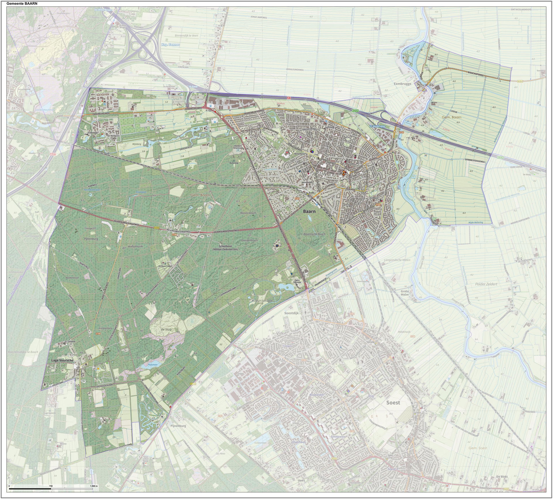 Topografische gemeentekaart. Resolutie: 400 pixels/km.
Kaartbee…
