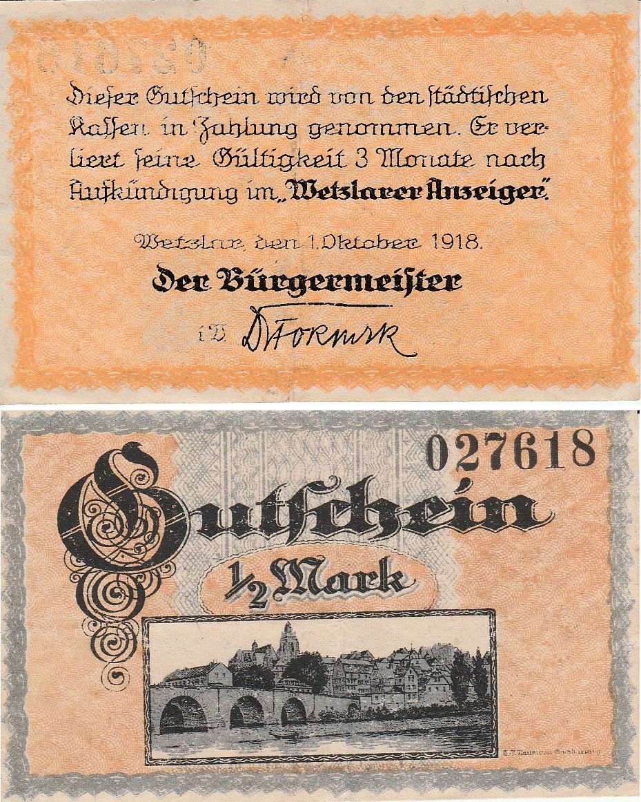 Ein deutscher Notgeldschein (Vorder- und Rückseite) aus Wetzlar…