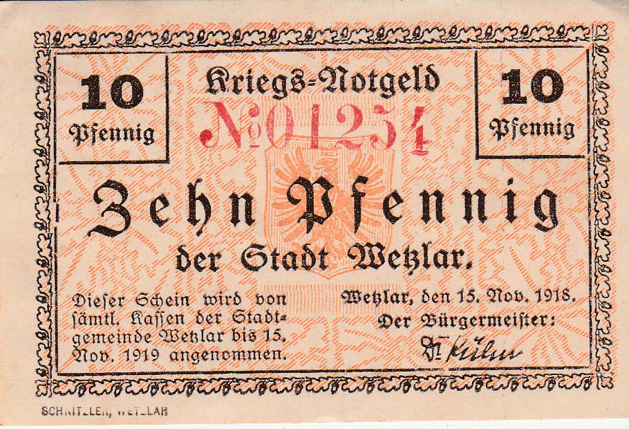 Ein einseitig bedruckter deutscher Notgeldschein aus Wetzlar, i…