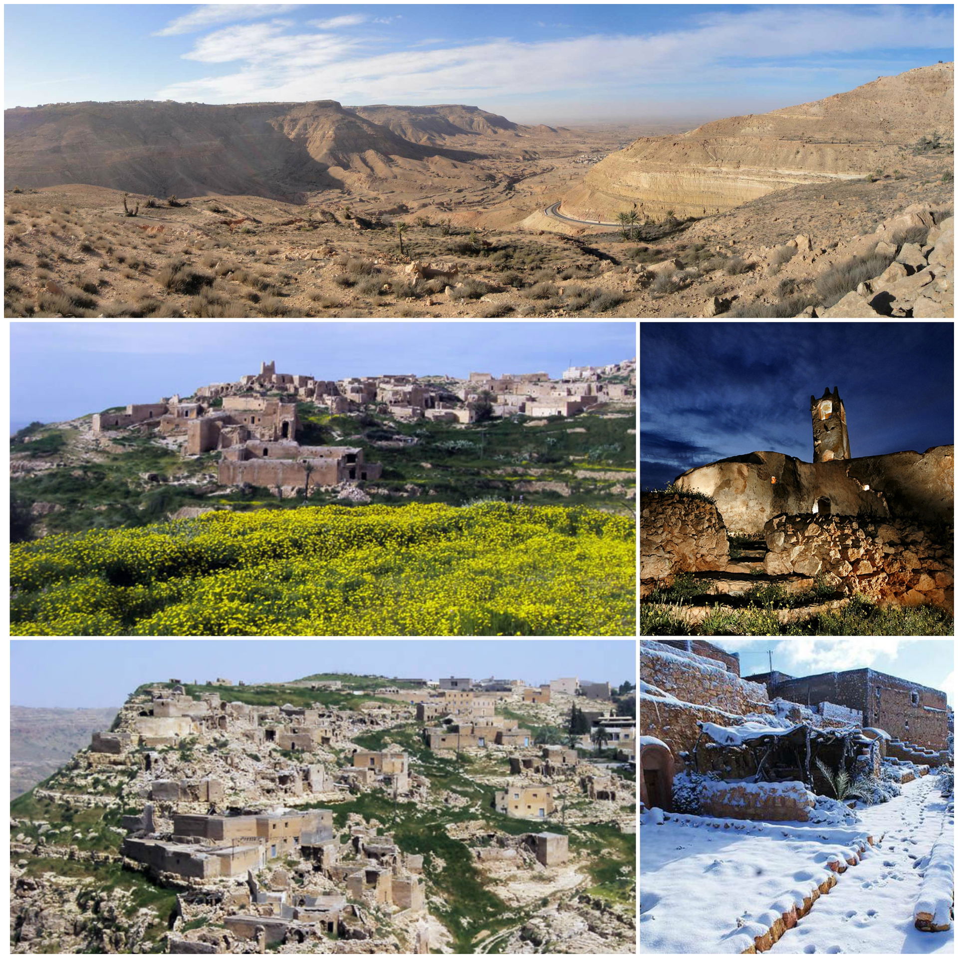 Top: The view from the city of Yafran; Middle Left: Yellow blos…