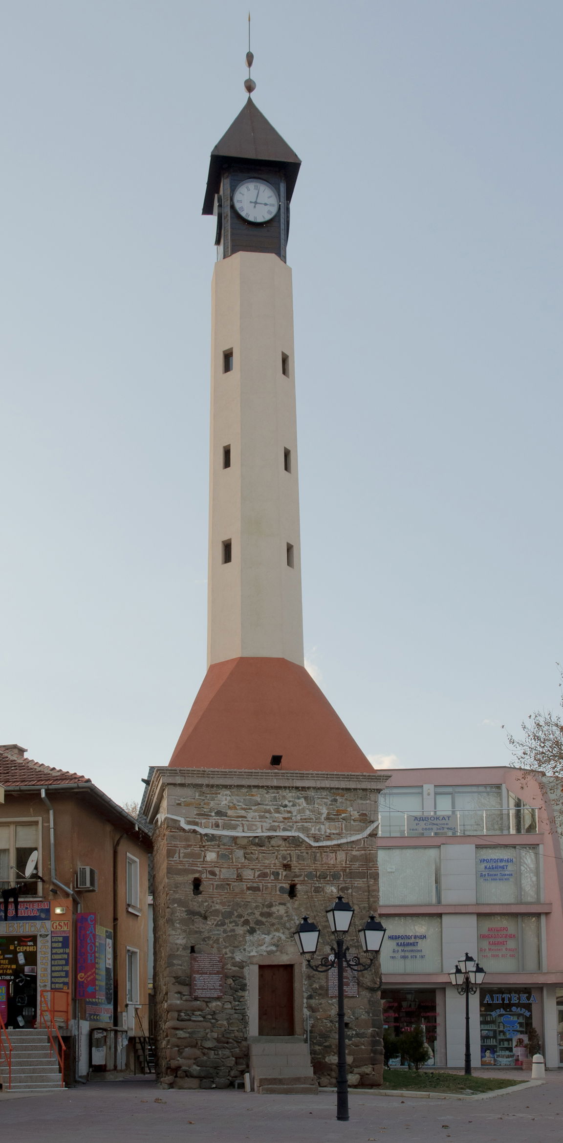 The old clock tower at Unification Square in the city of Pazard…
