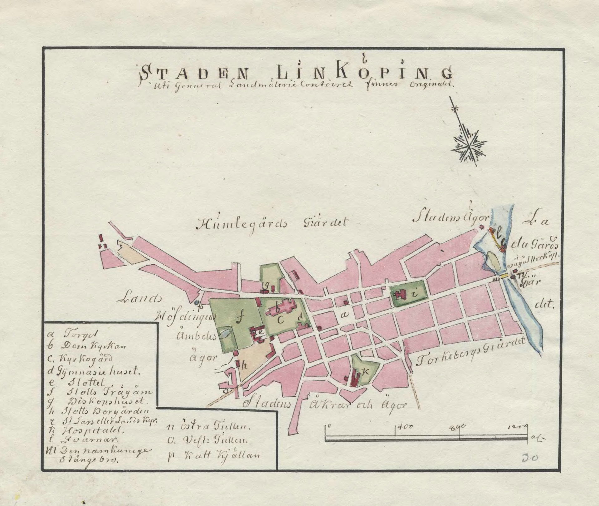 Hand drawn 18th century map of Linköping, Sweden