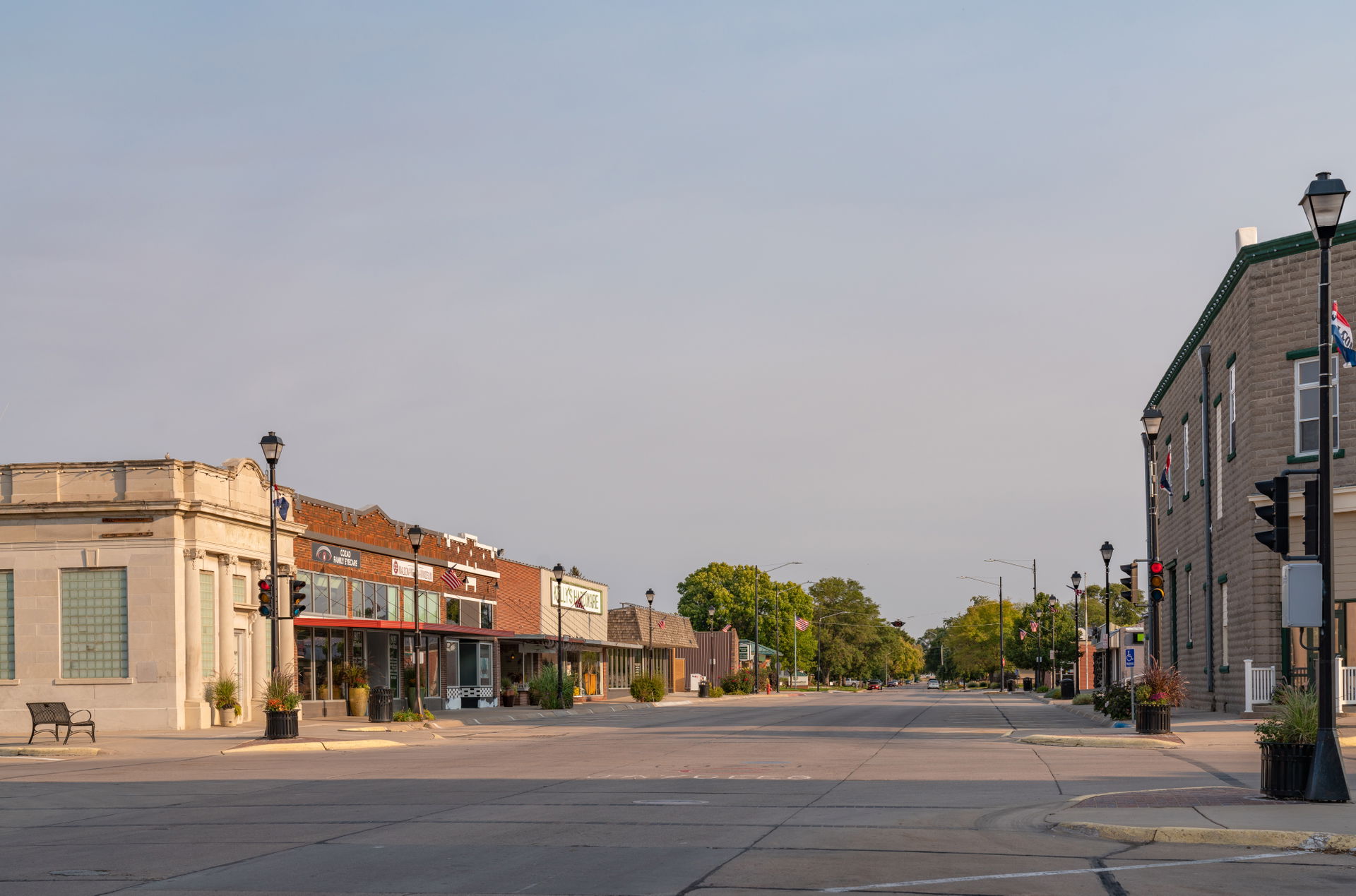 The empty streets of downtown Cozad, Nebraska, on an autumn mor…