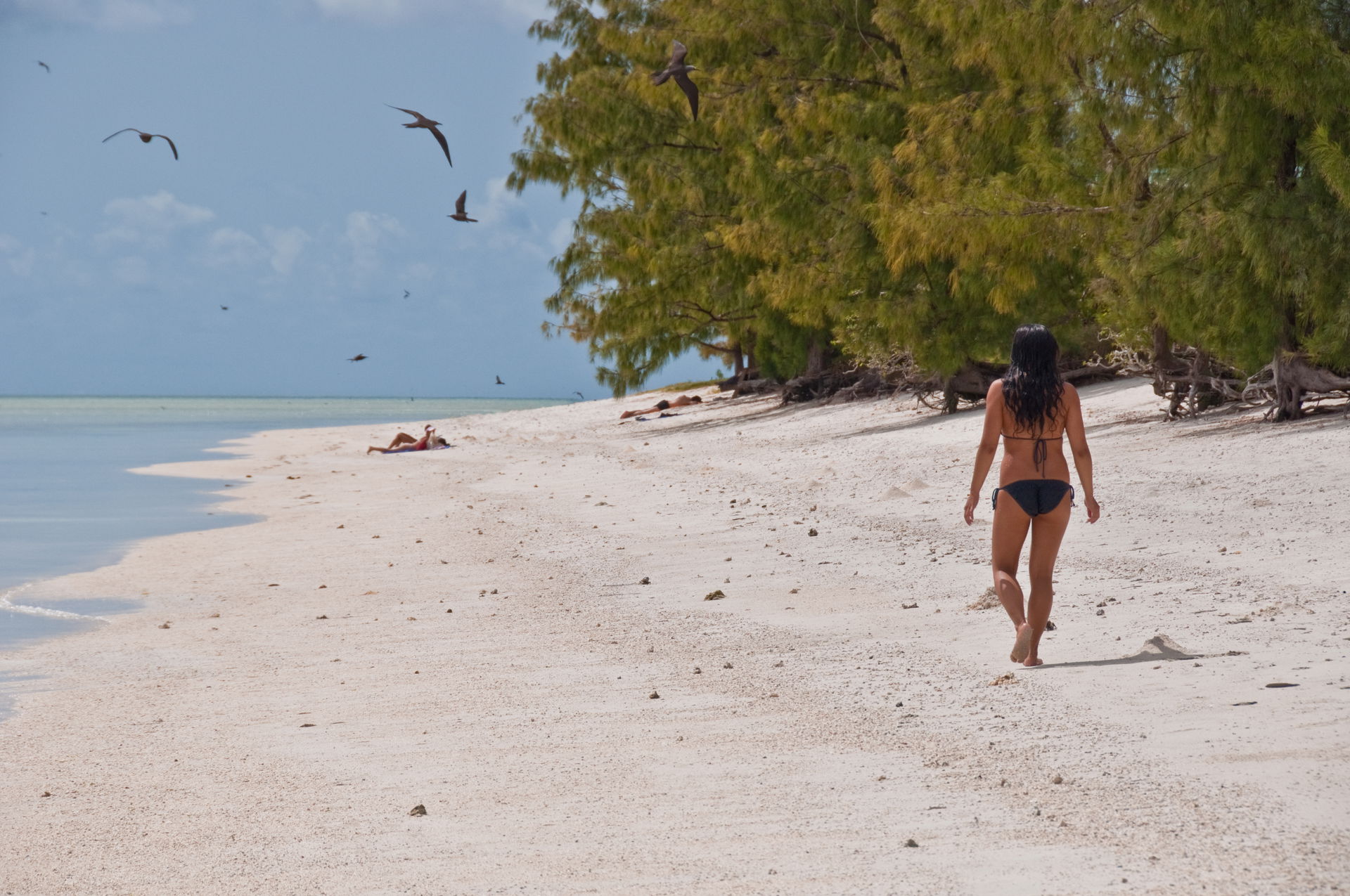 A woman wearing a bikini walking down the beach of Rodrigues Is…