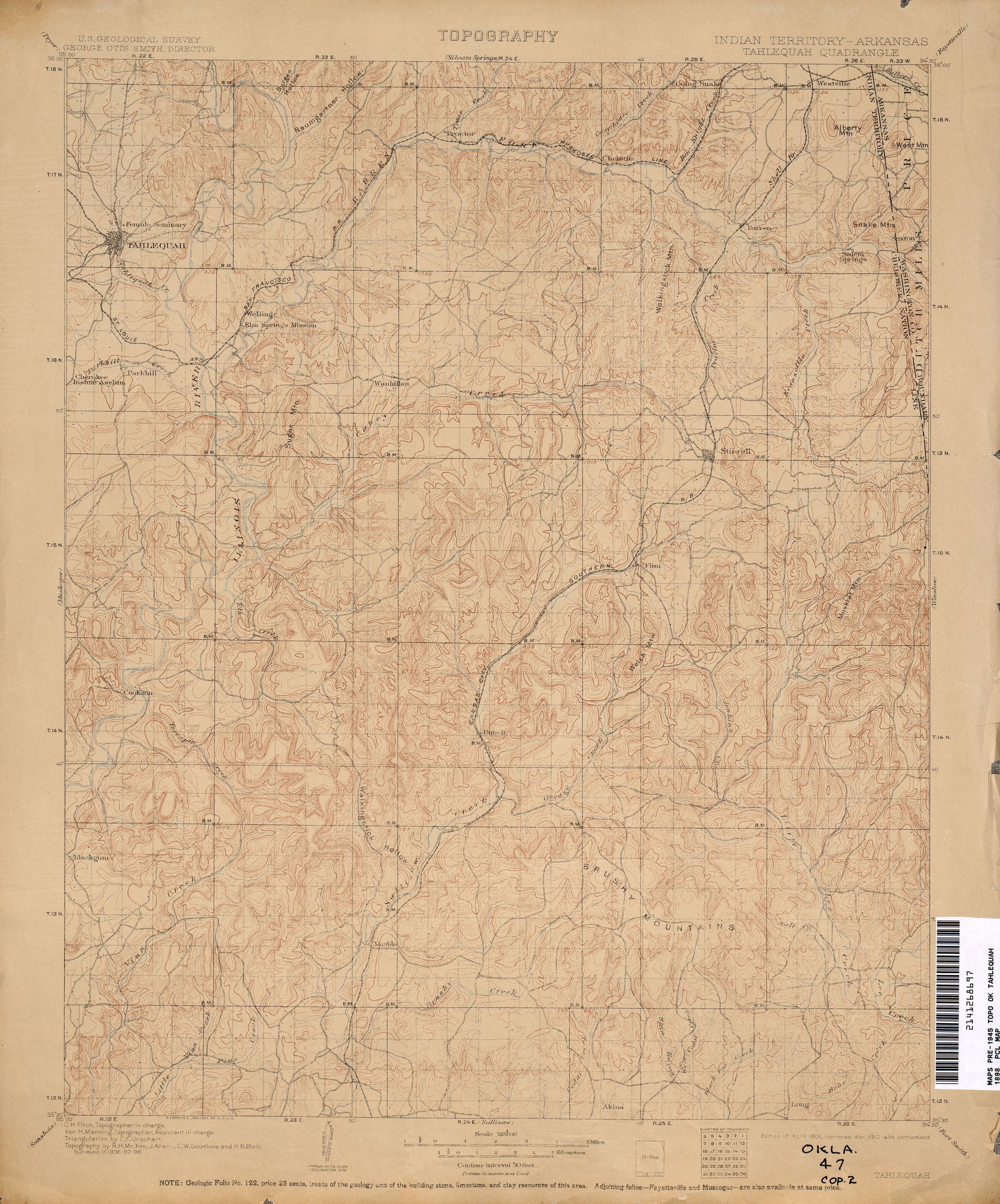 Tahlequah [Indian Territory, Arkansas] 1:125,000 1898 (2.5MB) -…