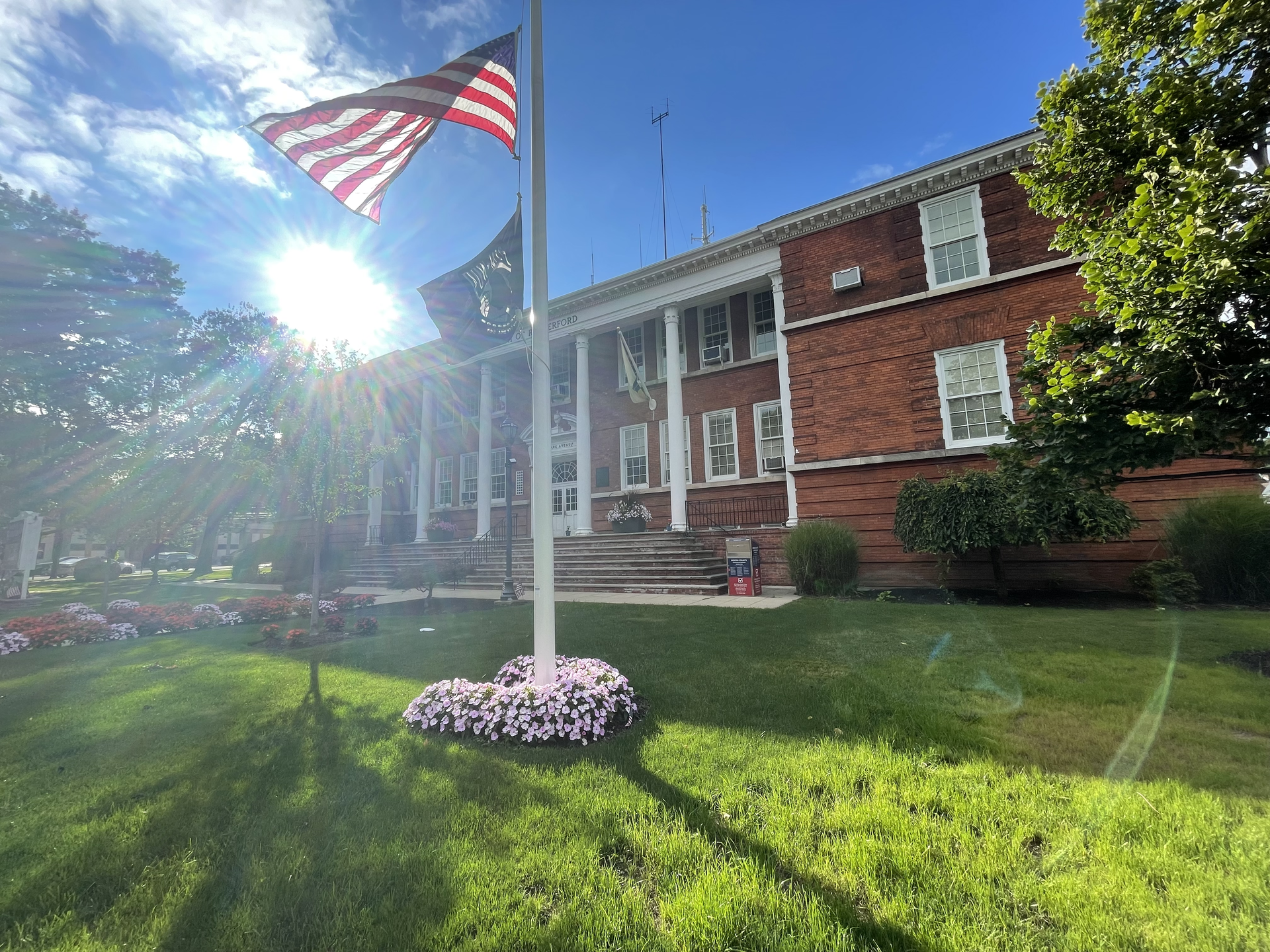 Front of Borough Hall building in Rutherford, NJ in late summer…