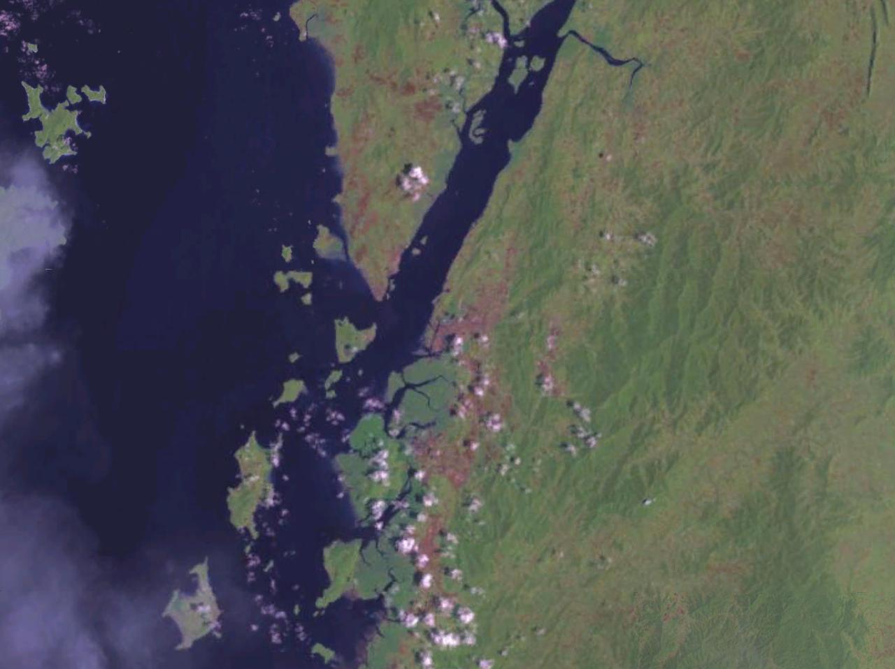 Satellite view of Ranong, Thailand.