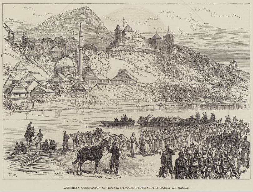 Austrian Occupation of Bosnia, Troops crossing the Bosna at Mag…