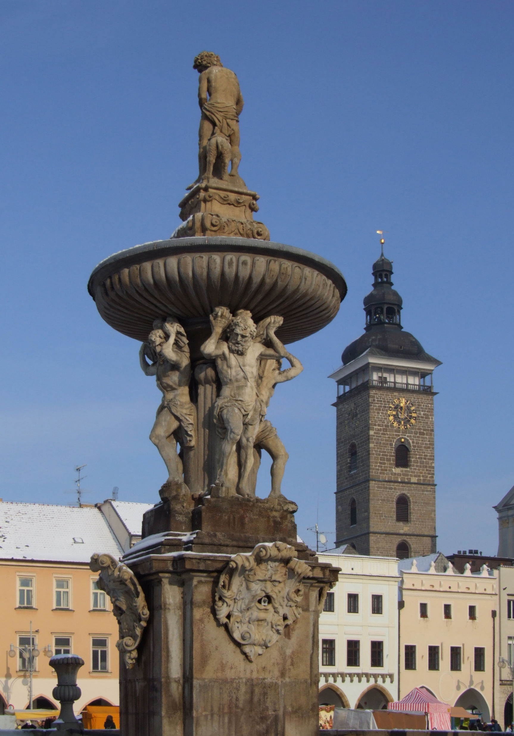 Samson's fountain and Black Tower in České Budějovice (Budweis)…
