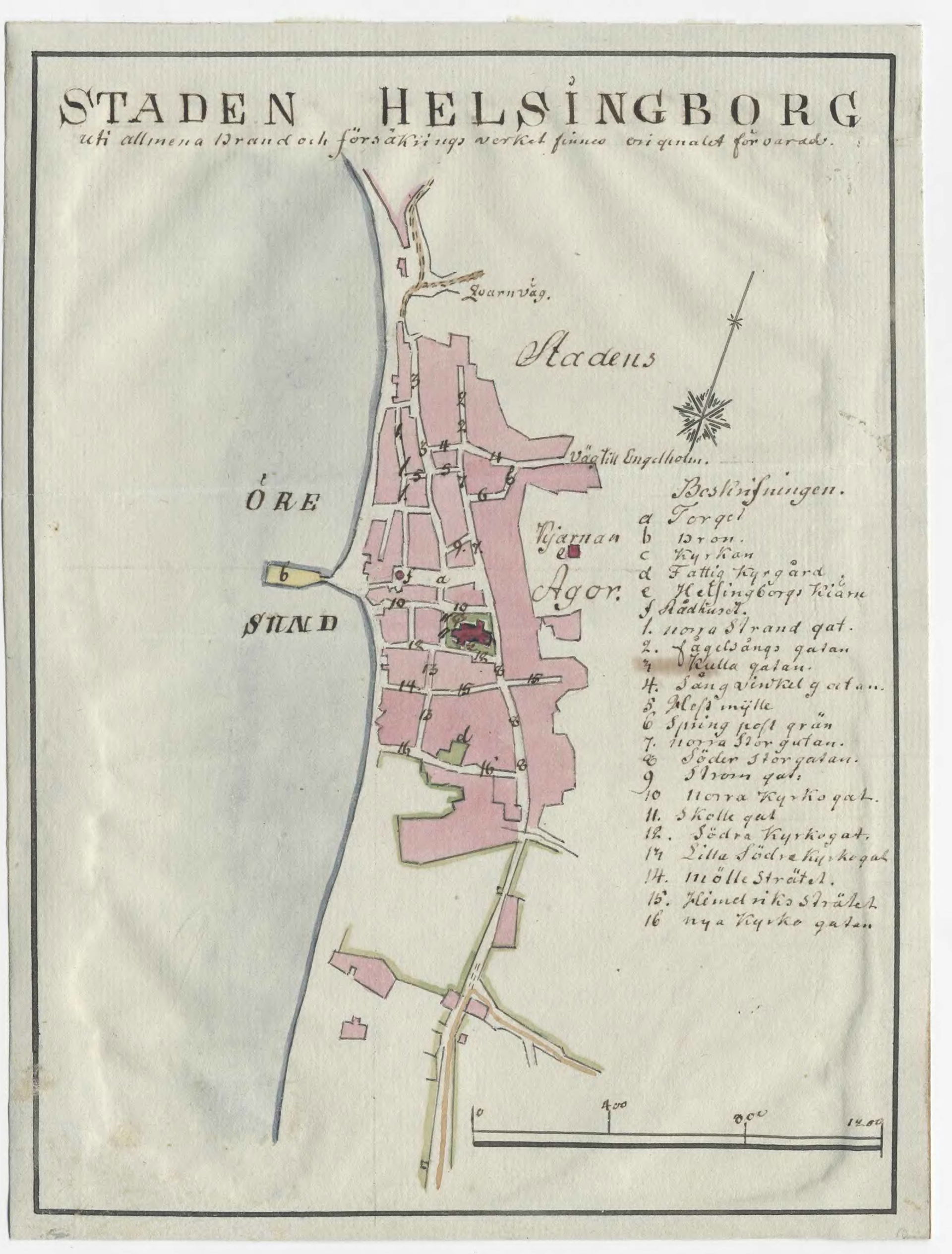 Hand drawn 18th century map of Helsingborg, Sweden