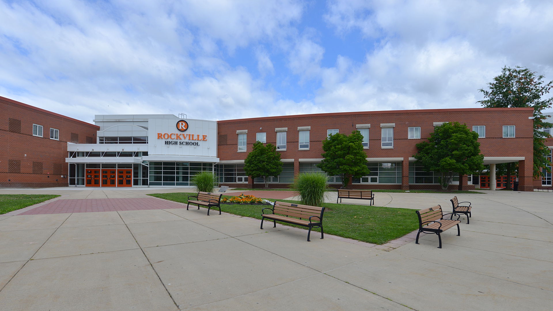 The main entrance of the Rockville High School building, part o…
