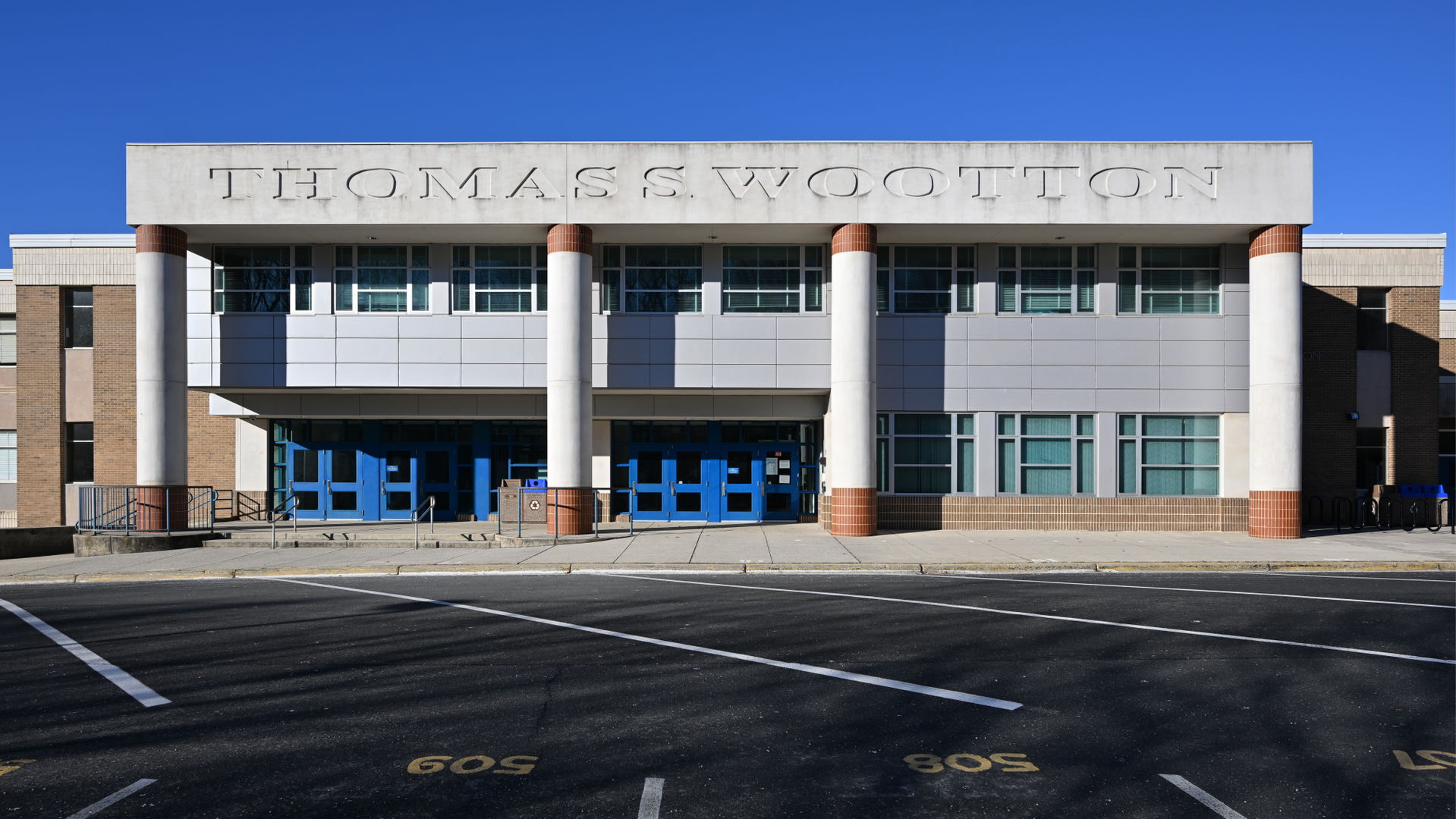 The front entrance to Thomas S. Wootton High School with the sc…