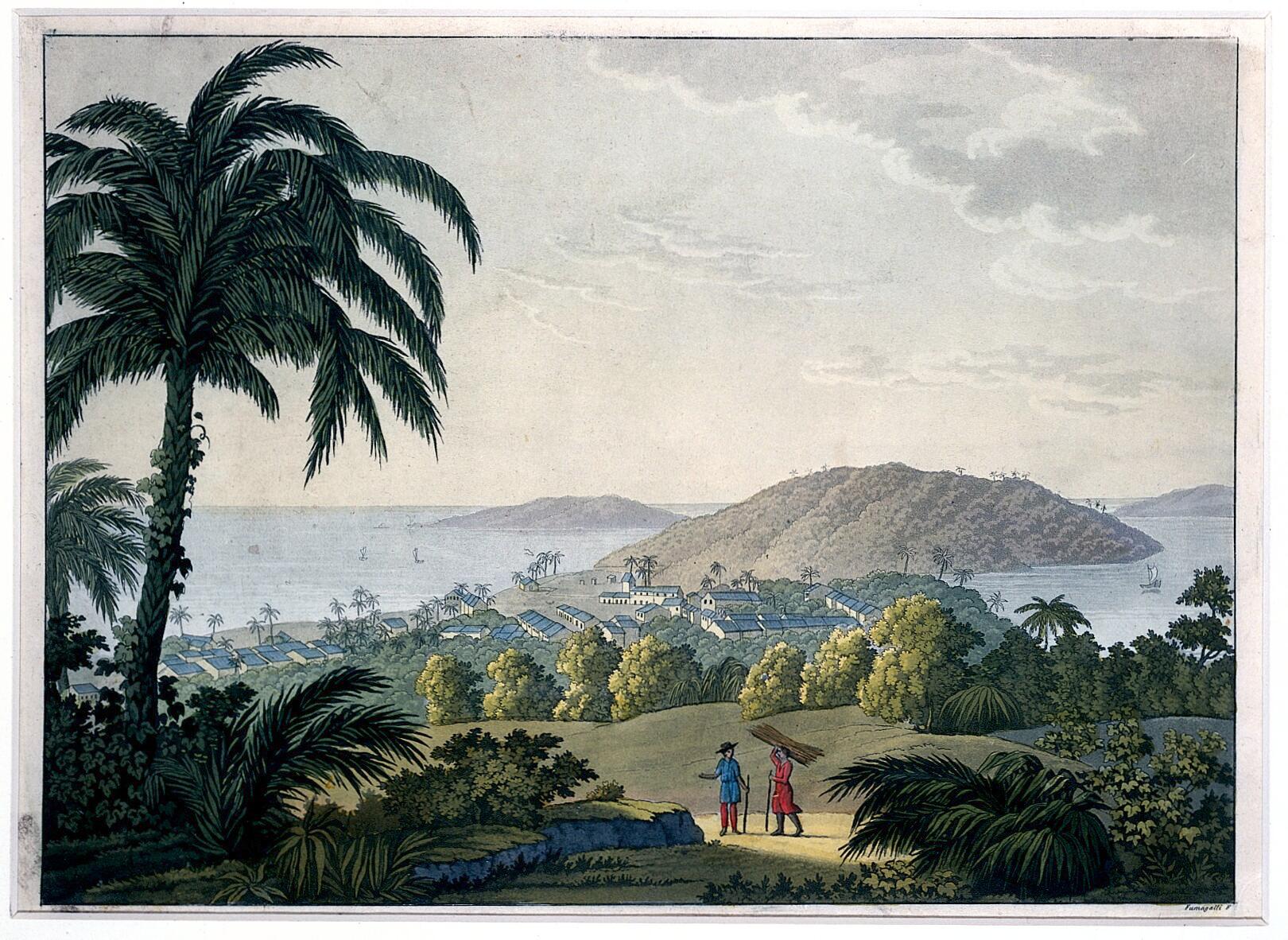 Ilhéus, Bahia, Brazil. Coloured aquatint by P. Fumagalli, ca. 1…