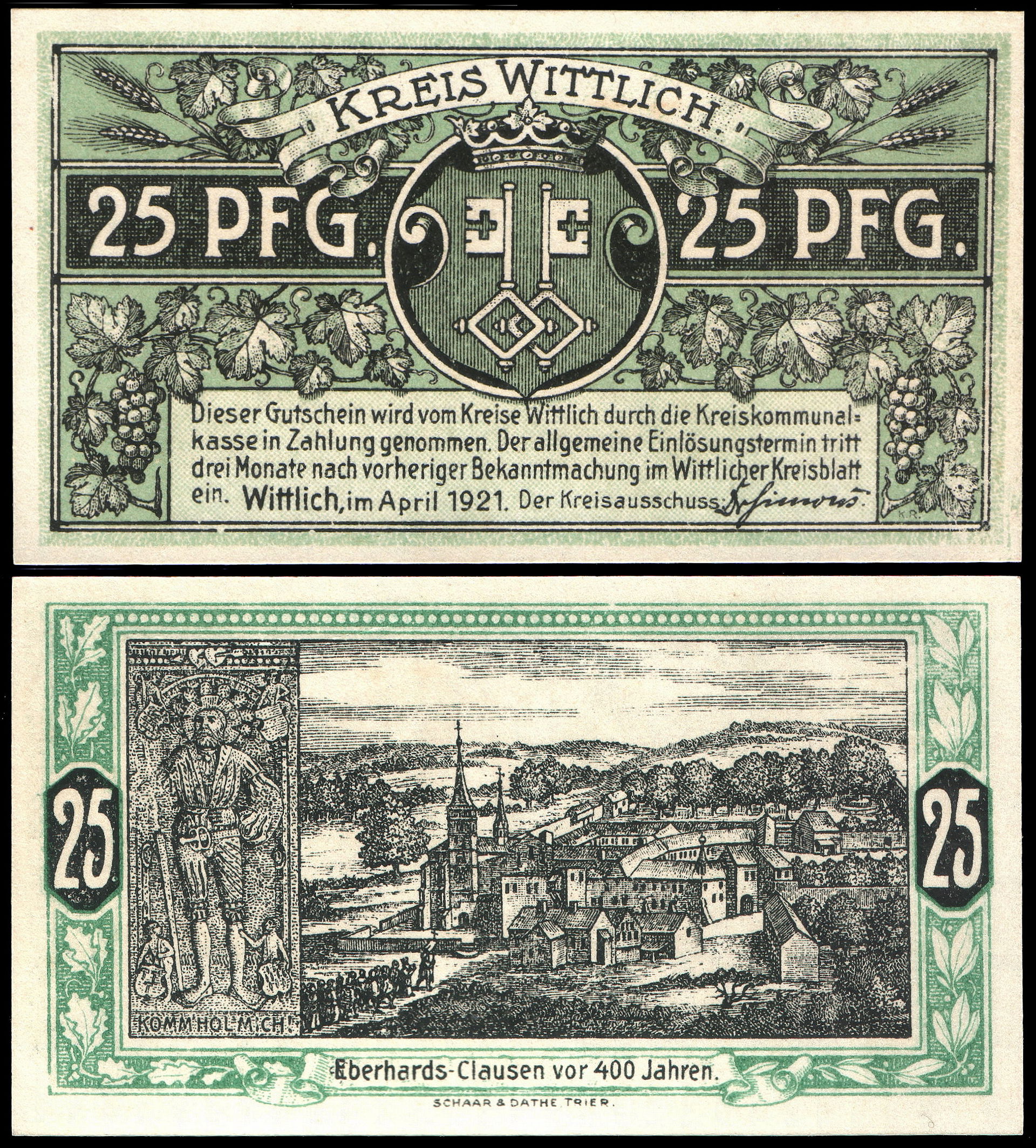 25 Pfennig "Notgeld" banknote of Wittlich, RV: Eberhardsklausen…