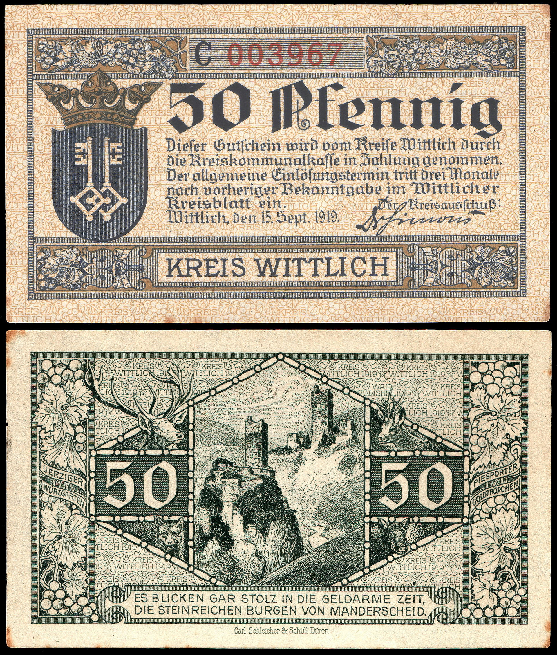 50 Pfennig "Notgeld" banknote of Wittlich, RV: Castles of Mande…
