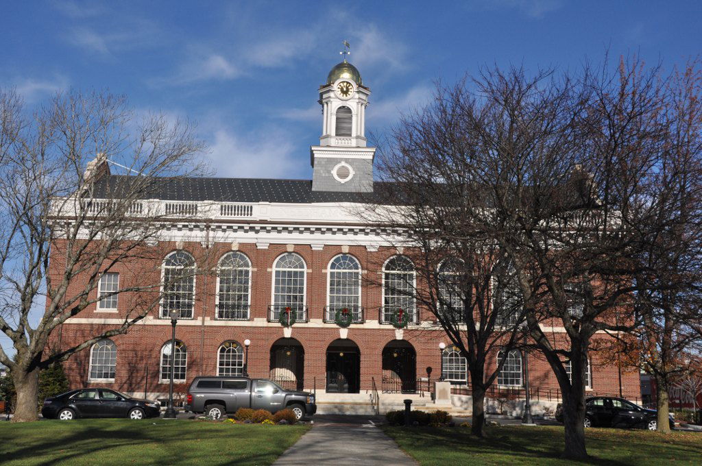 The town hall in Needham, Massachusetts.