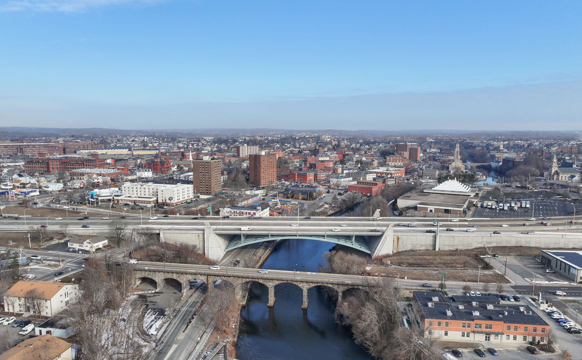 Pawtucket, RI skyline with the I-95 crossing (Pawtucket River B…