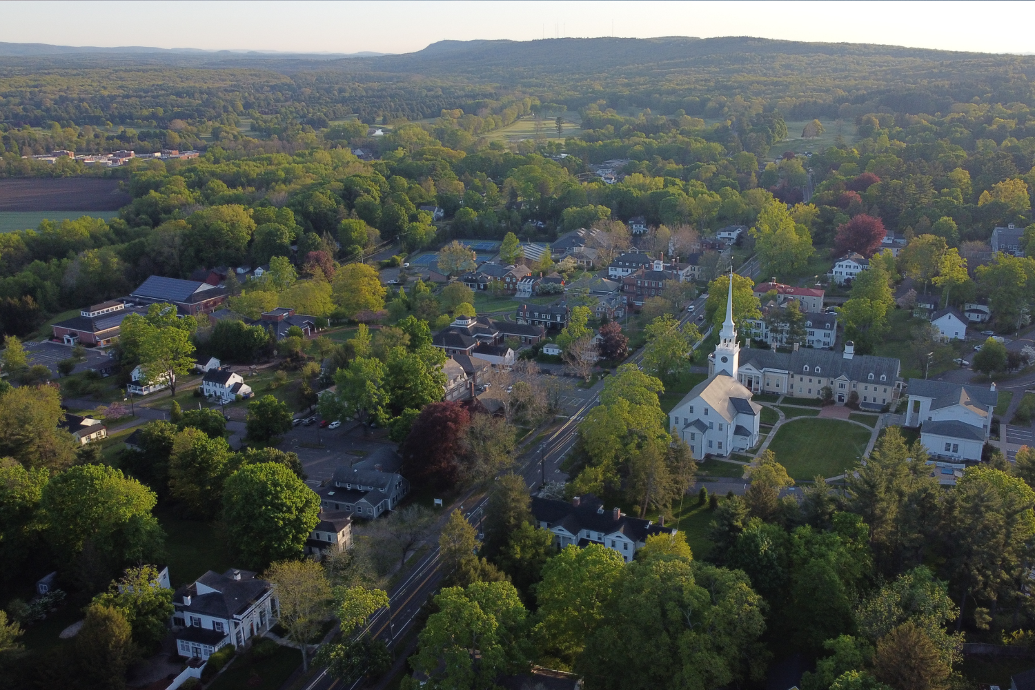 A drone photo of downtown Farmington, CT by drone
