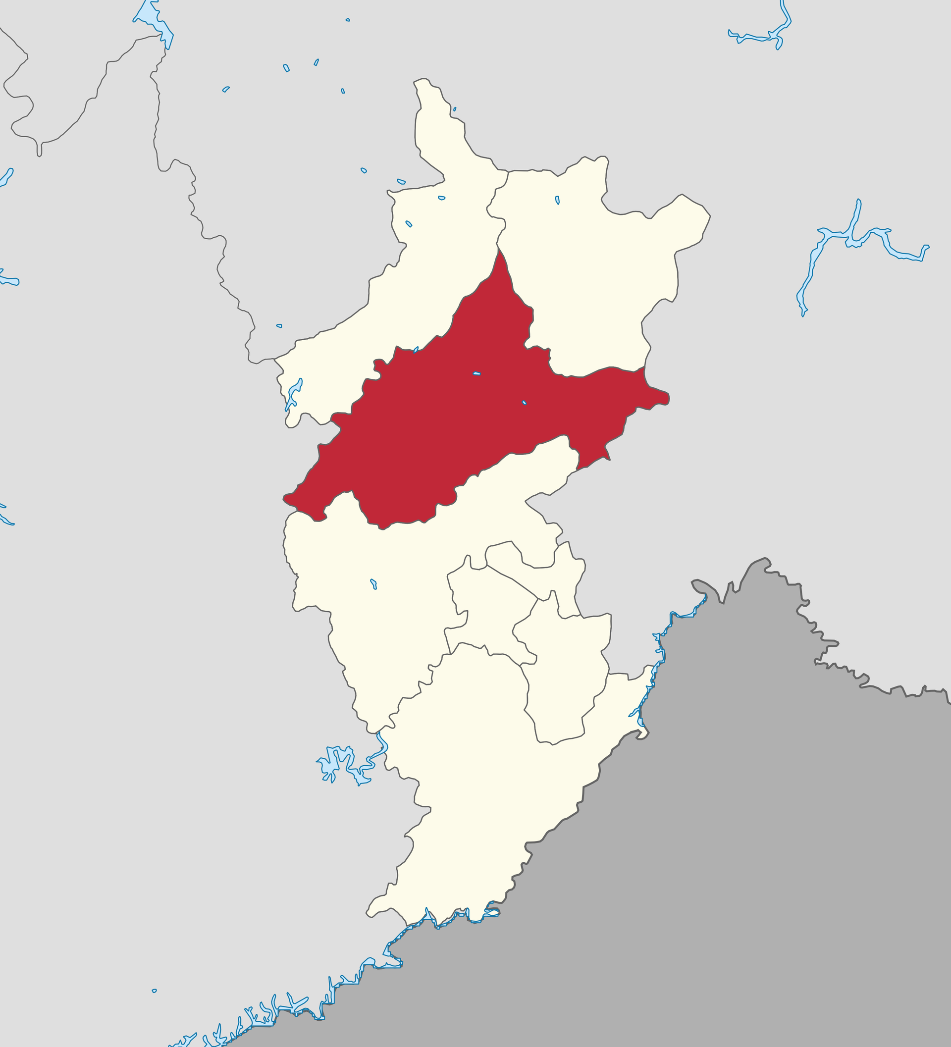 Liuhe County (red) is located in Tonghua City (yellow), China (…