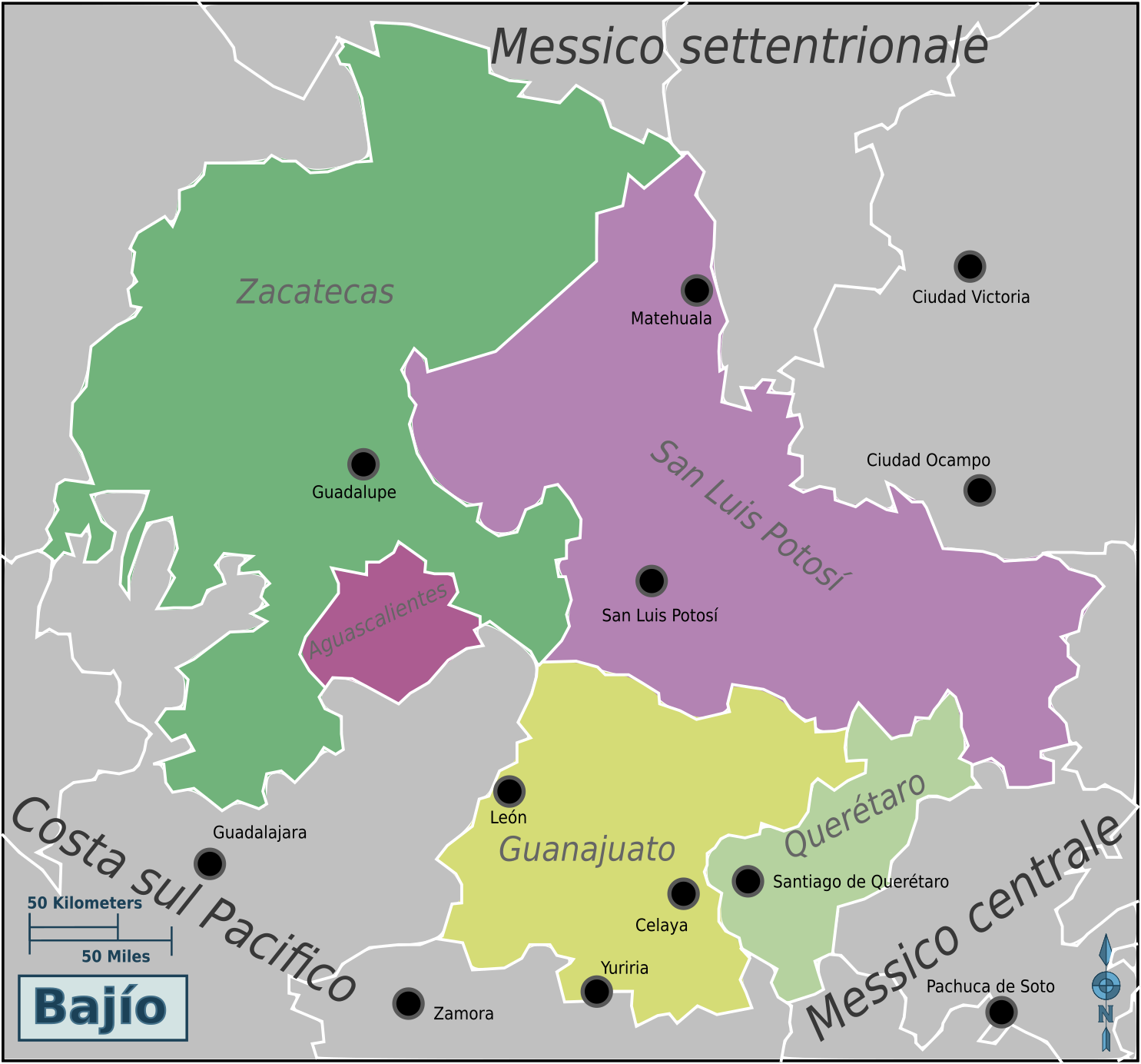 Mappa in stile wikivoyage della regione del Bajío in Messico