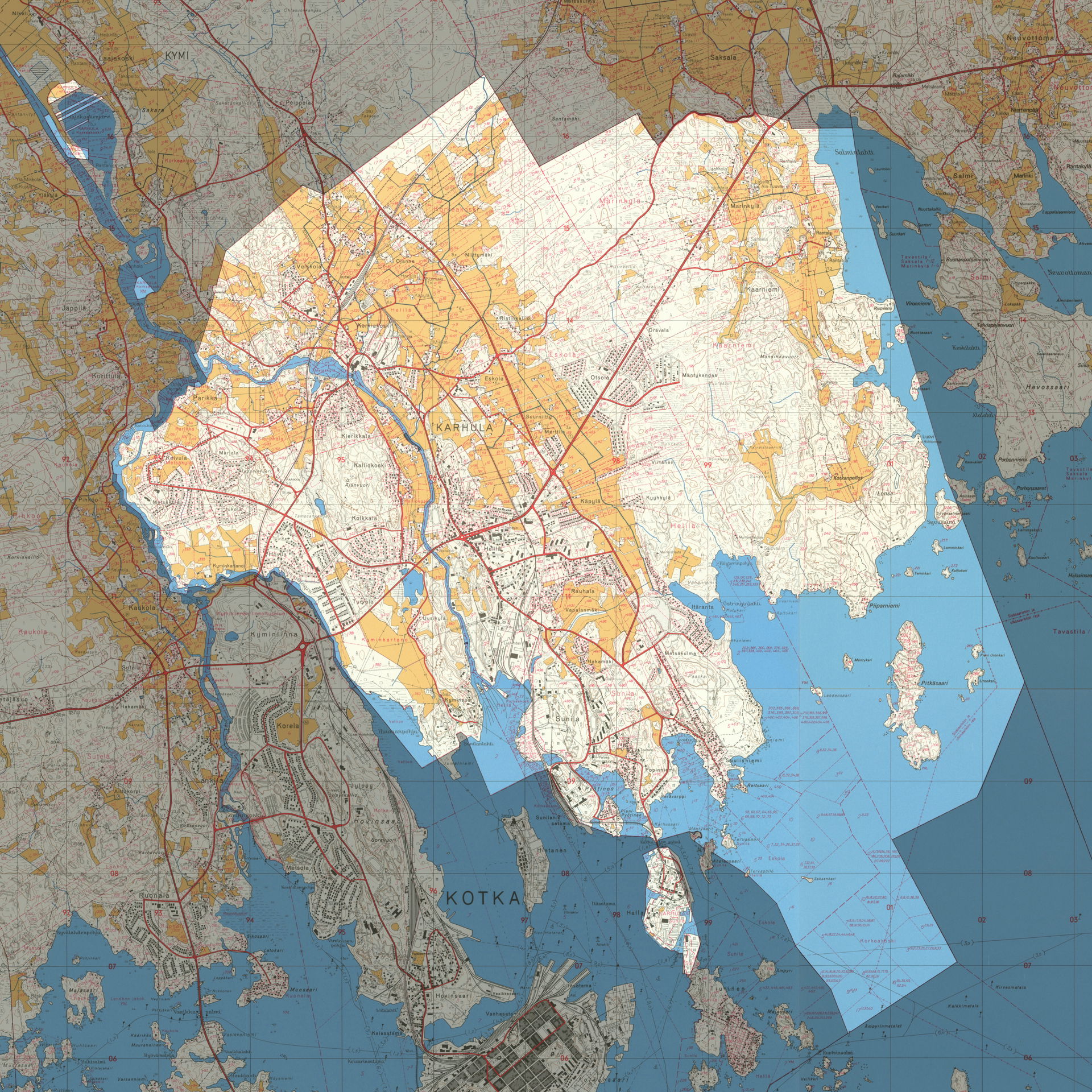 Karhulan kauppalan alue vuosien 1967 ja 1968 yleiskartoissa.