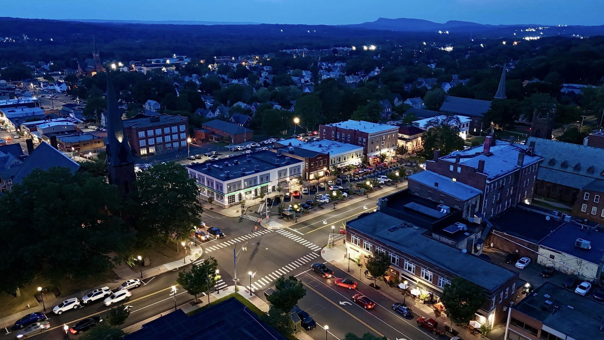 An arial view of Downtown Wallingford, CT at night.