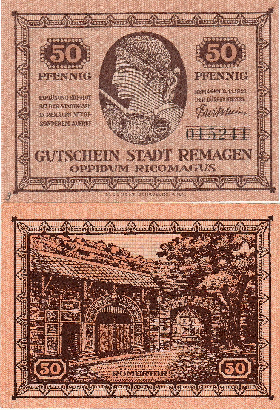 Ein deutscher Notgeldschein (Vorder- und Rückseite) aus Remagen…