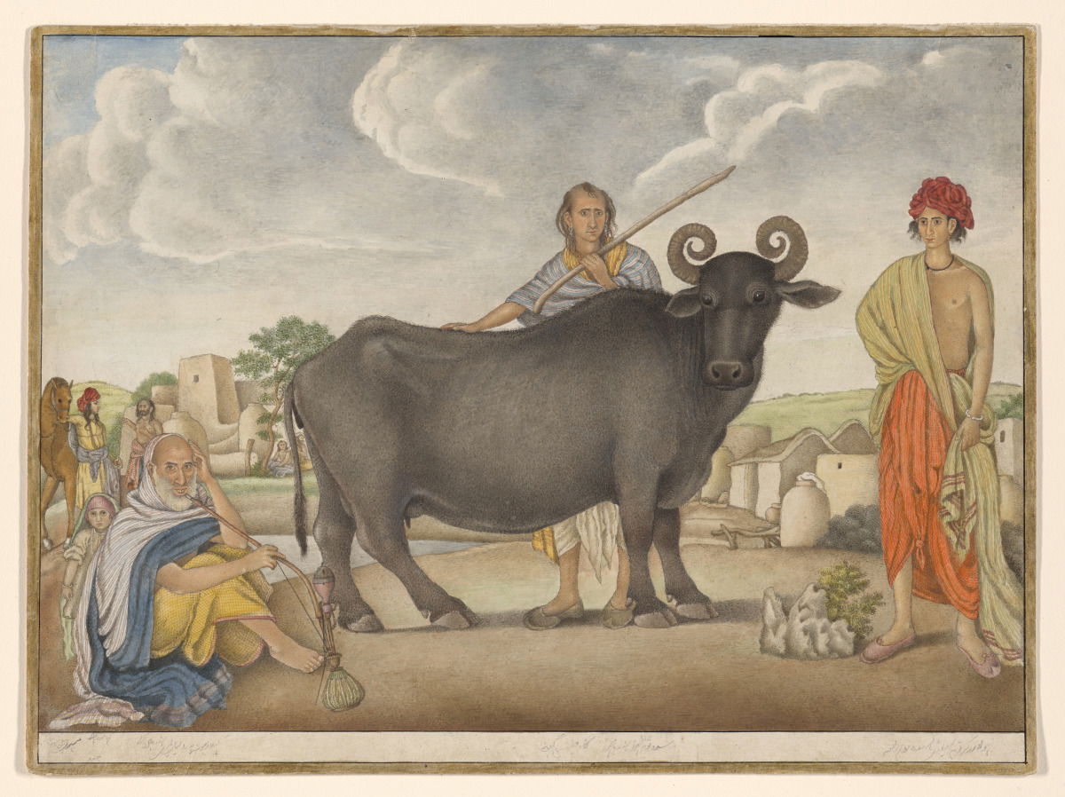 Painting of a herdsman and a buffalo, plus villagers, outside t…