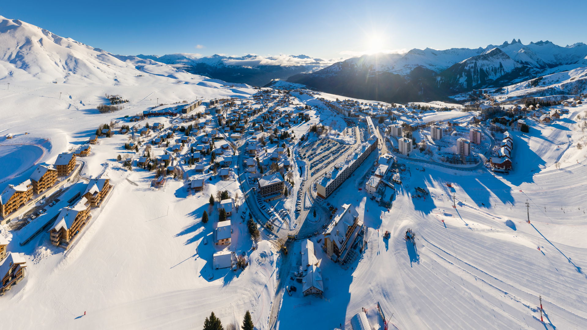 La Toussuire ski resort at sunrise as of February 2020, in Savo…