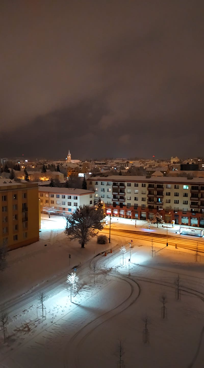 Winter night view from dormitory in Prešov
