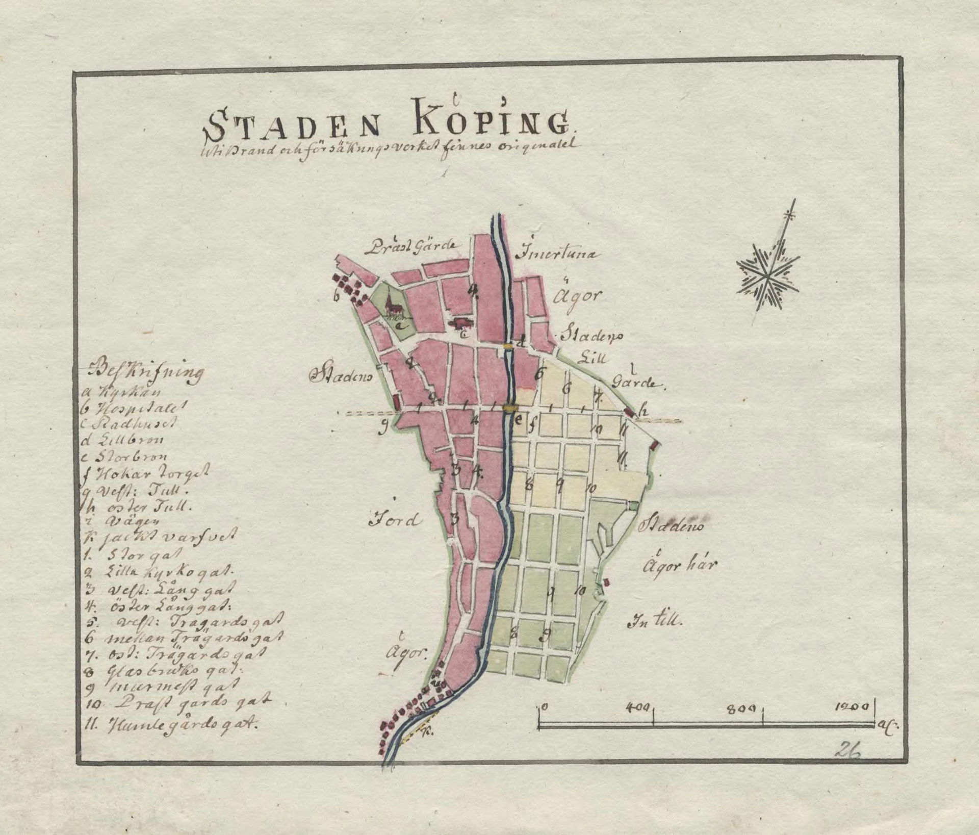 Hand drawn 18th century map of Köping, Sweden
