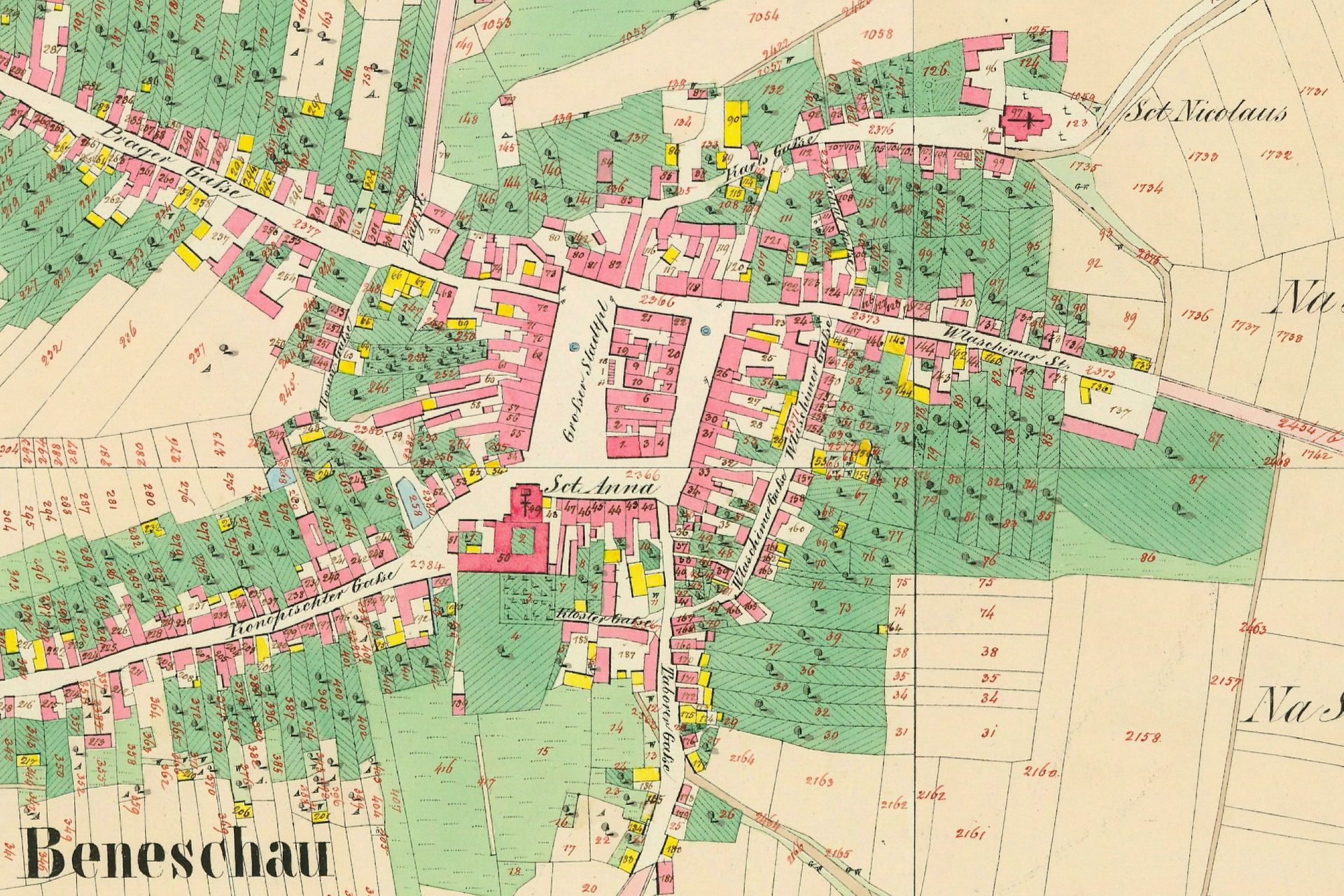 Benešov (Beneschau) na císařských otiscích map Stabilního katas…