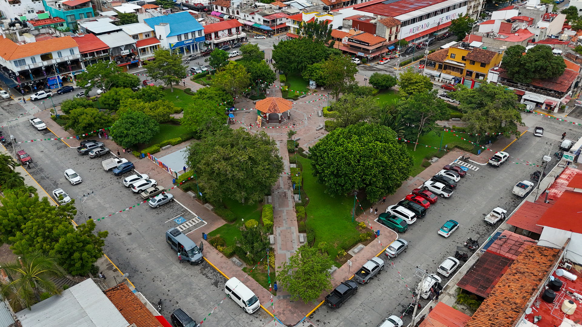 Zócalo La Crucecita or Parque Central La Crucecita. Aerial dron…