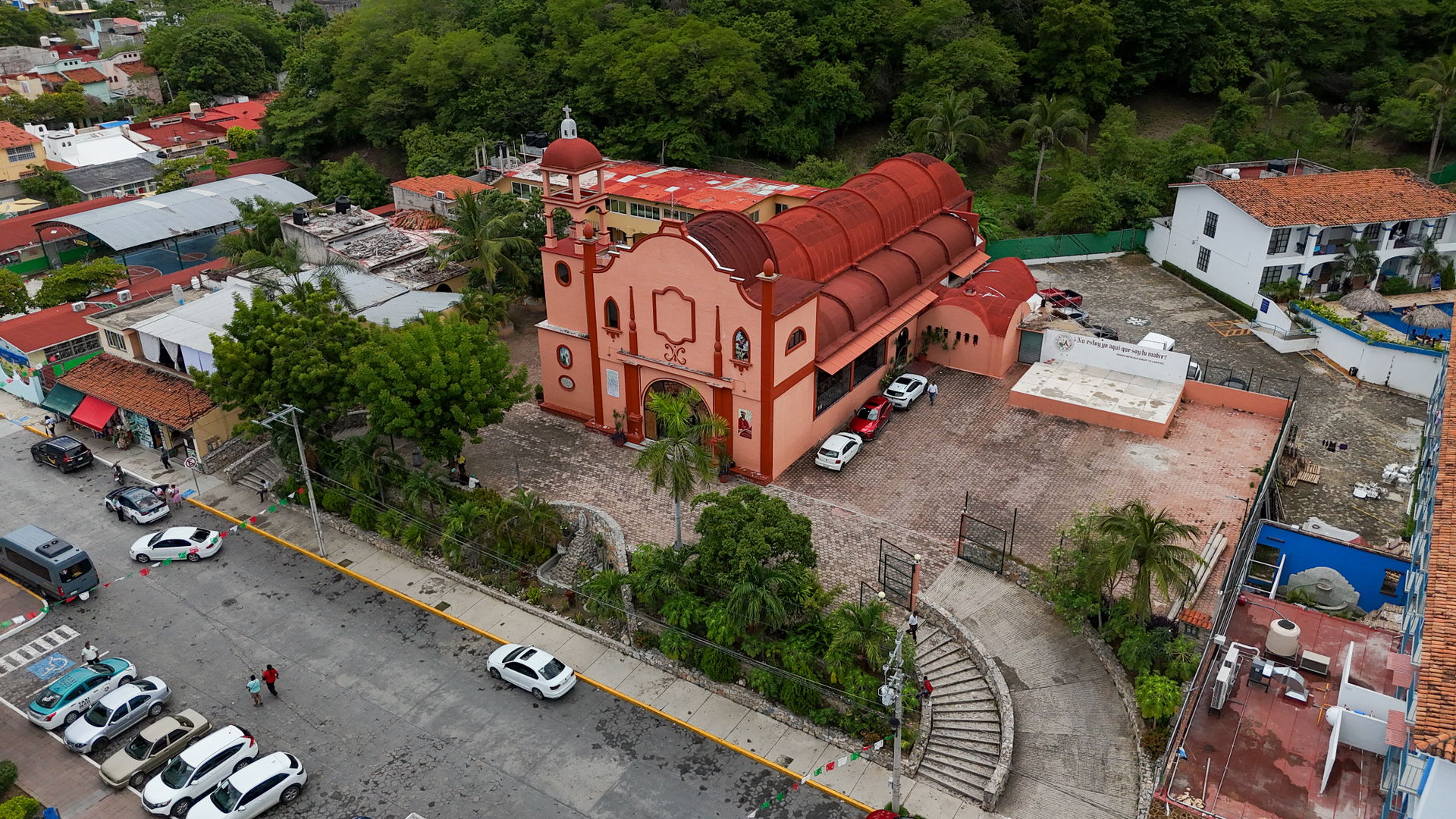 La Crucecita church. Aerial drone shot of downtown Santa Maria …