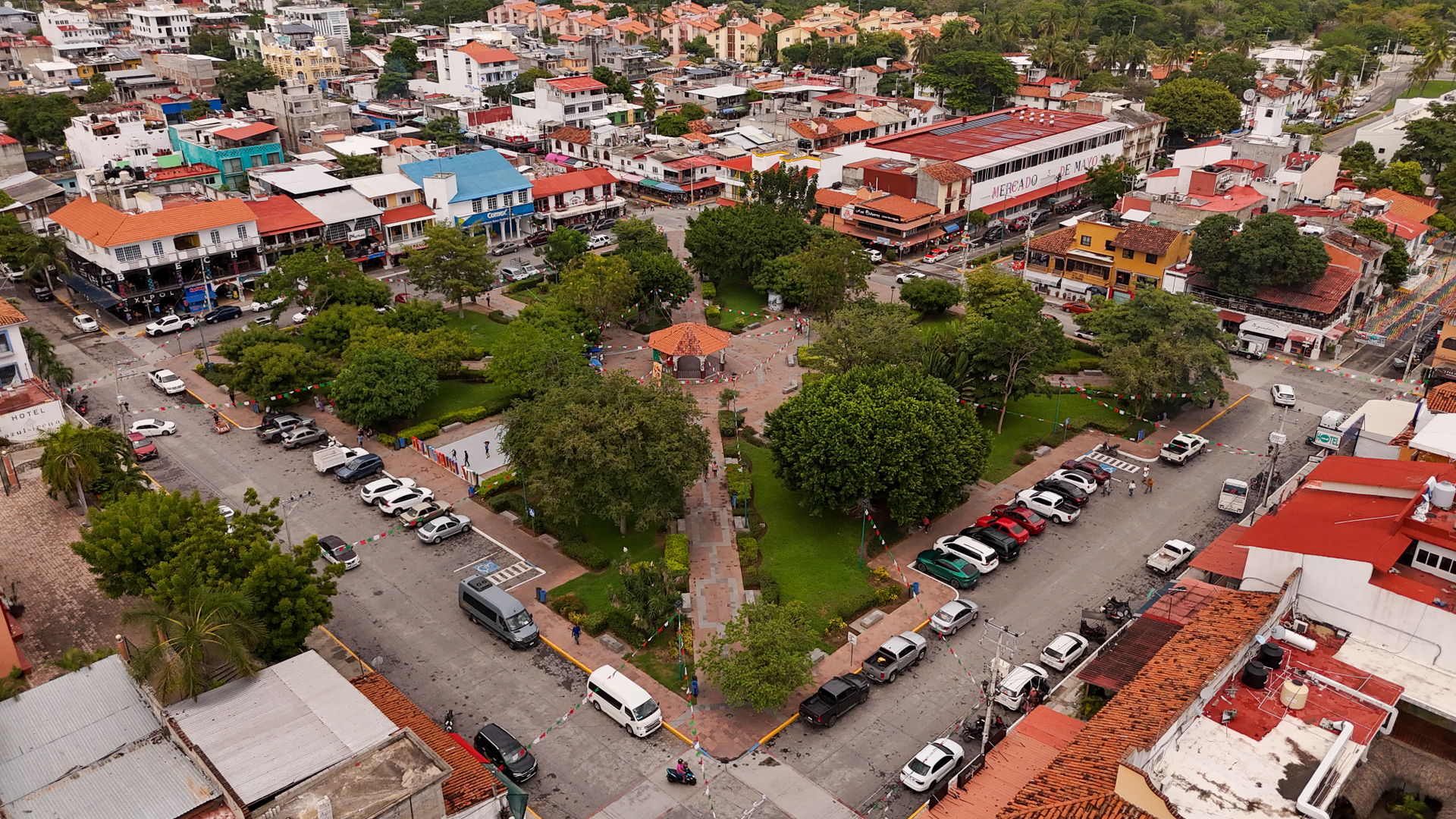 Zócalo La Crucecita or Parque Central La Crucecita. Aerial dron…