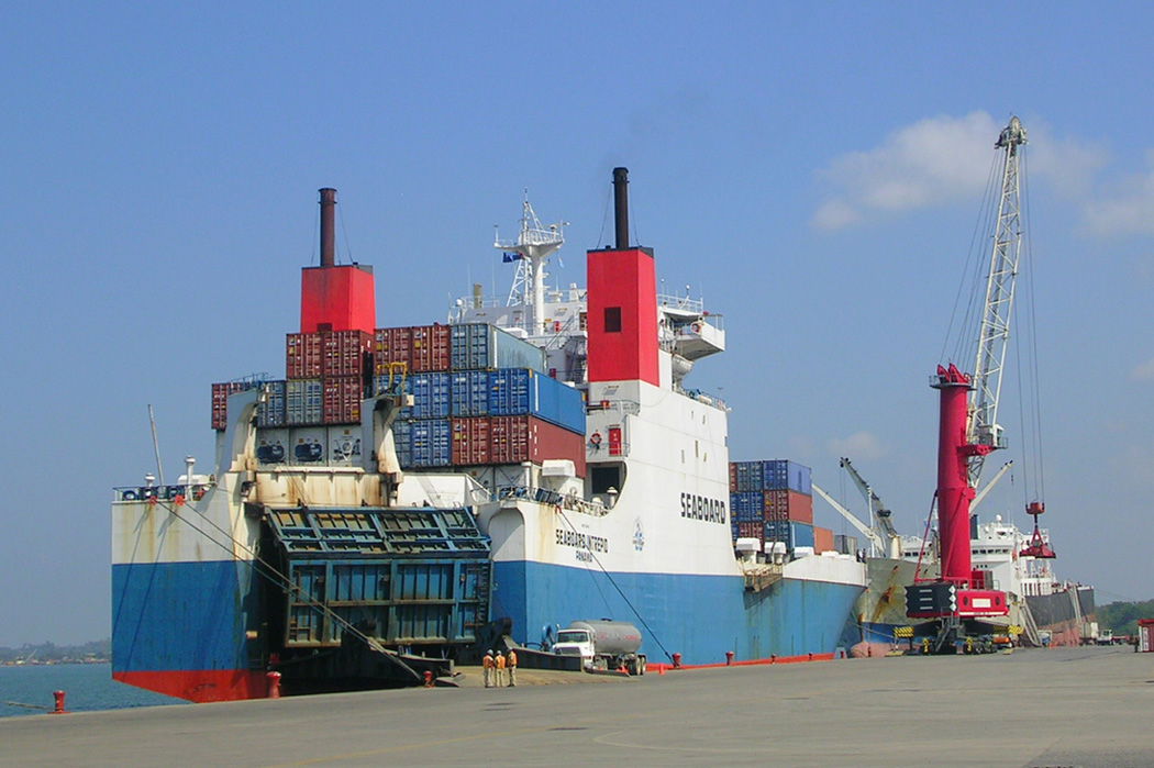 The container ship Seaboard Intrepid in Santo Tomas harbor. It …
