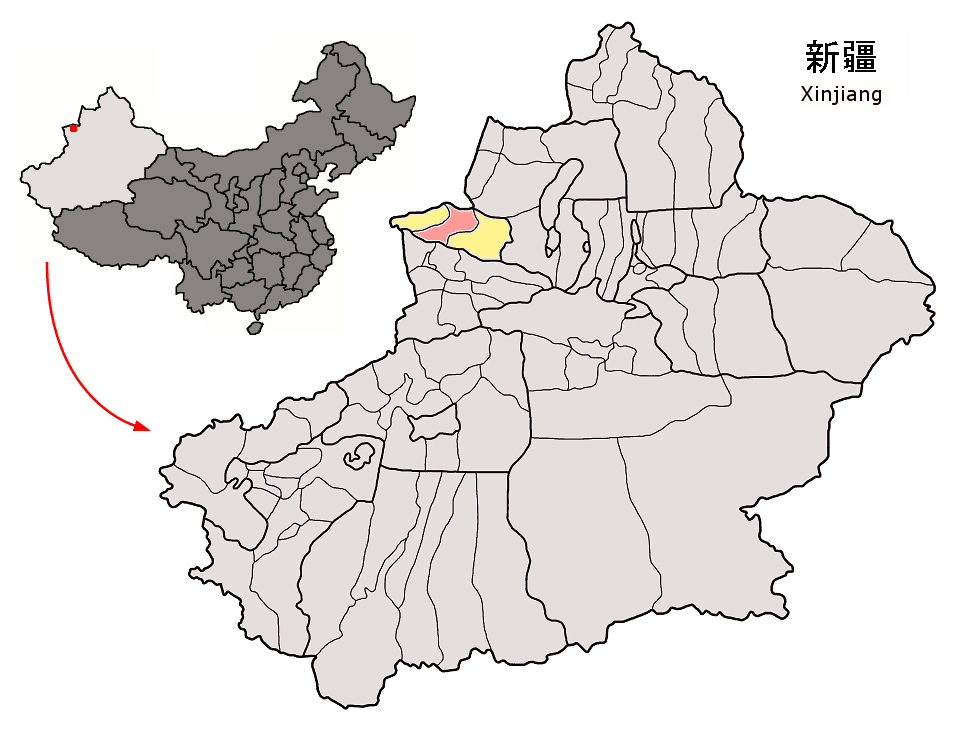 Location of Bole City (pink) and Börtala Prefecture (yellow) wi…