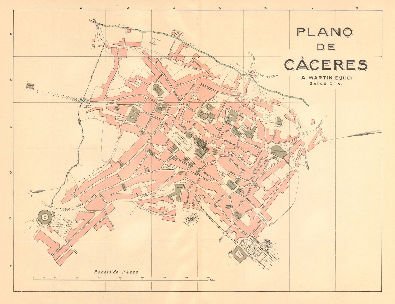 Old map of Caceres Spain from 1911