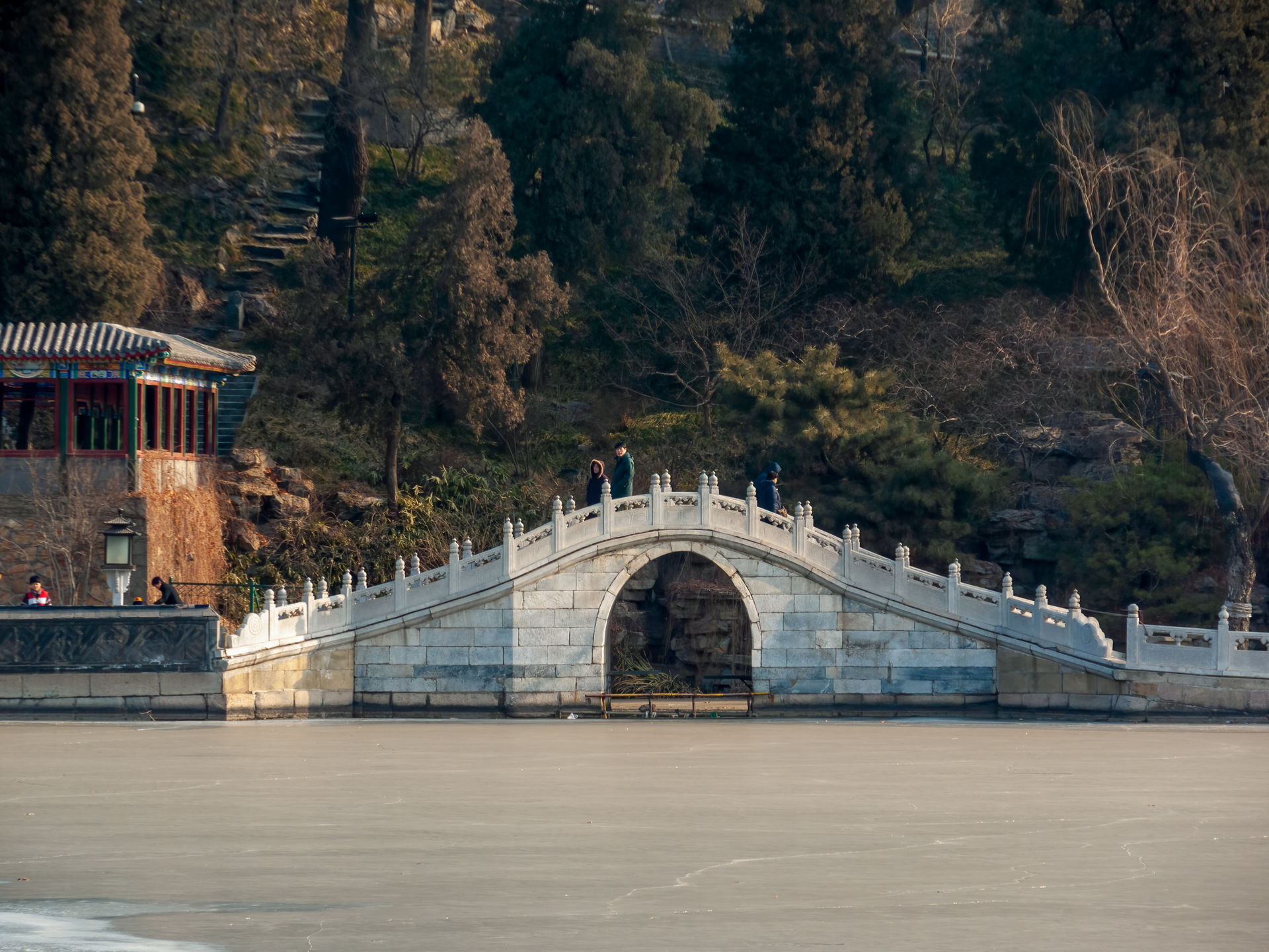Bridge over the ice of the pond in Beihai Park