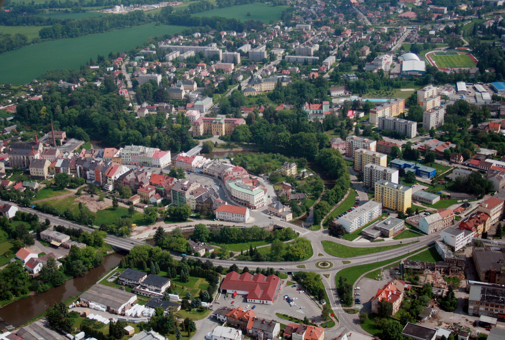 Central part of town Jaroměř from air, eastern Bohemia, Czech R…