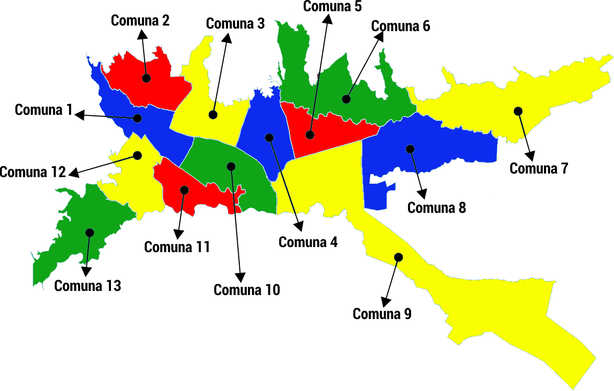 Mapa con las 13 comunas del municipio de Ibagué