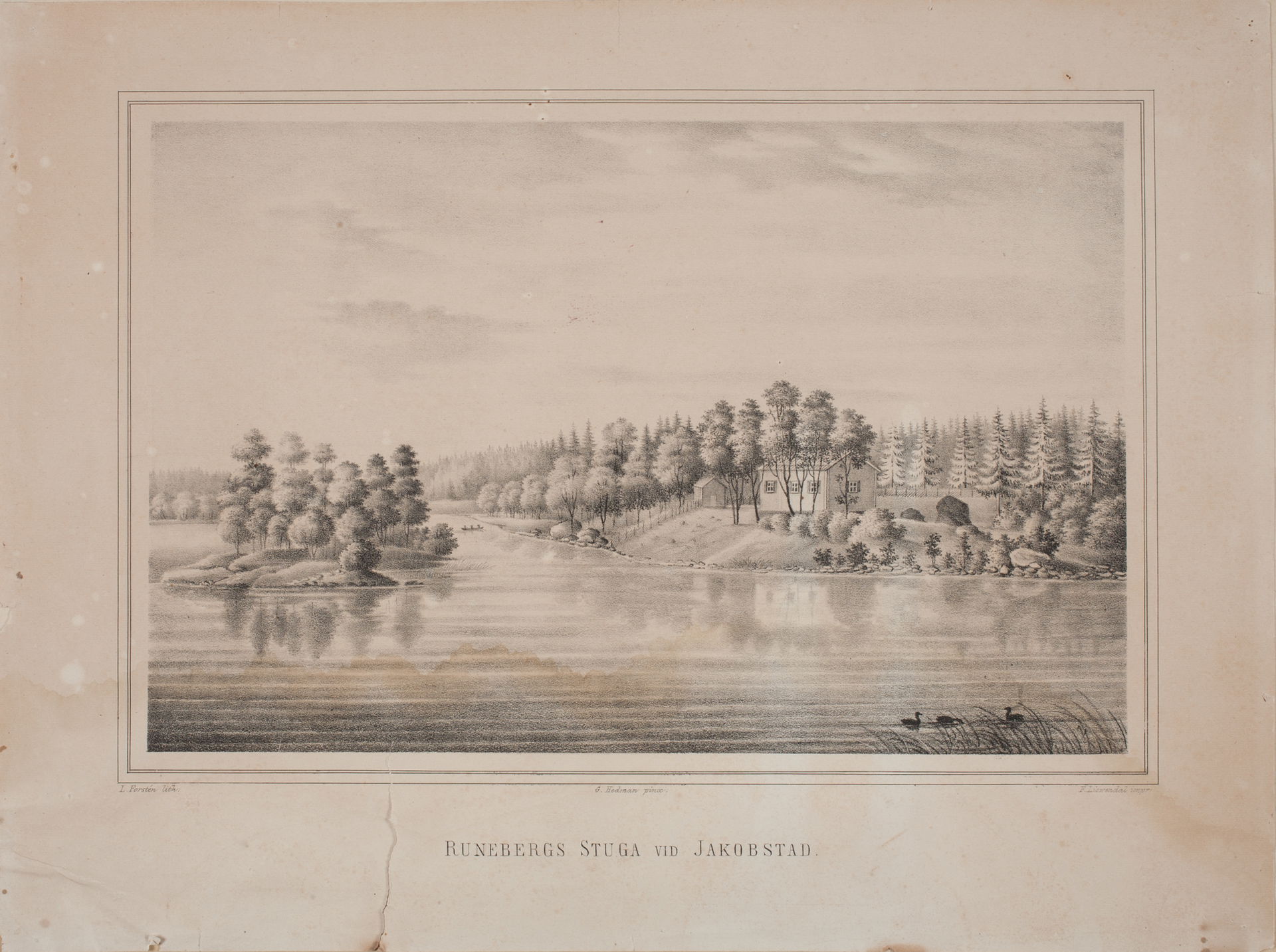 "Runebergs stuga vid Jakobstad". G. Hedman pinx, litografi av L…