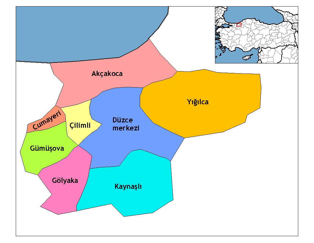 Map of the districts of Düzce province in Turkey. Created by Ra…