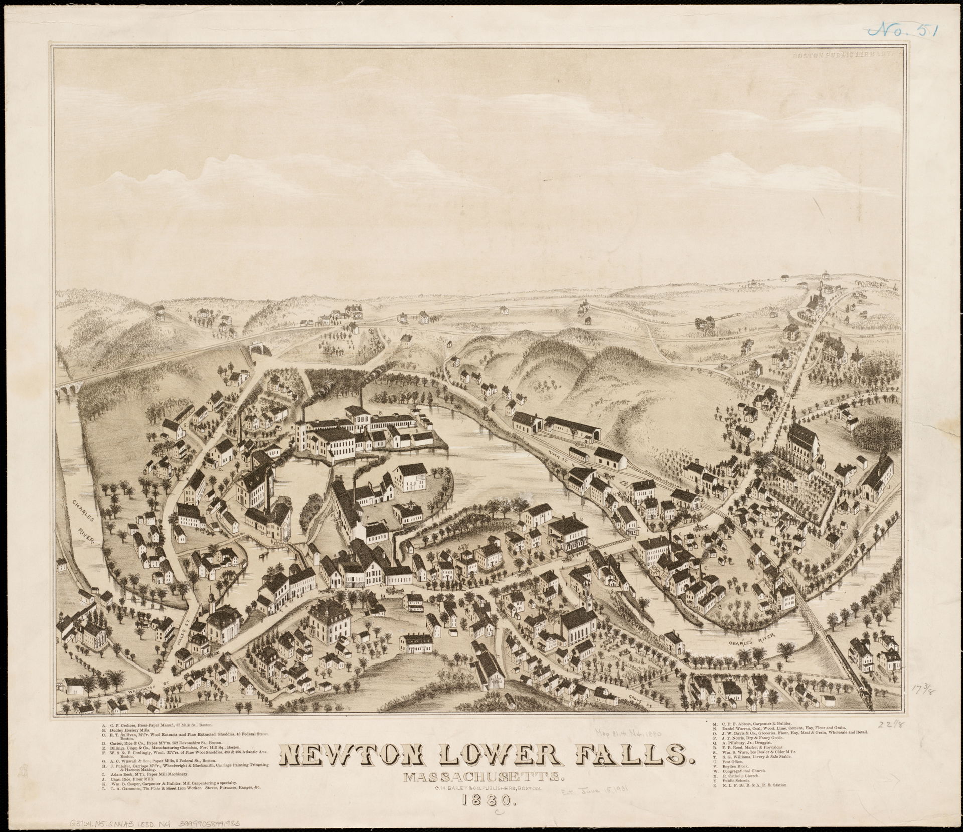 1880 bird's eye view map of Newton Lower Falls, Massachusetts