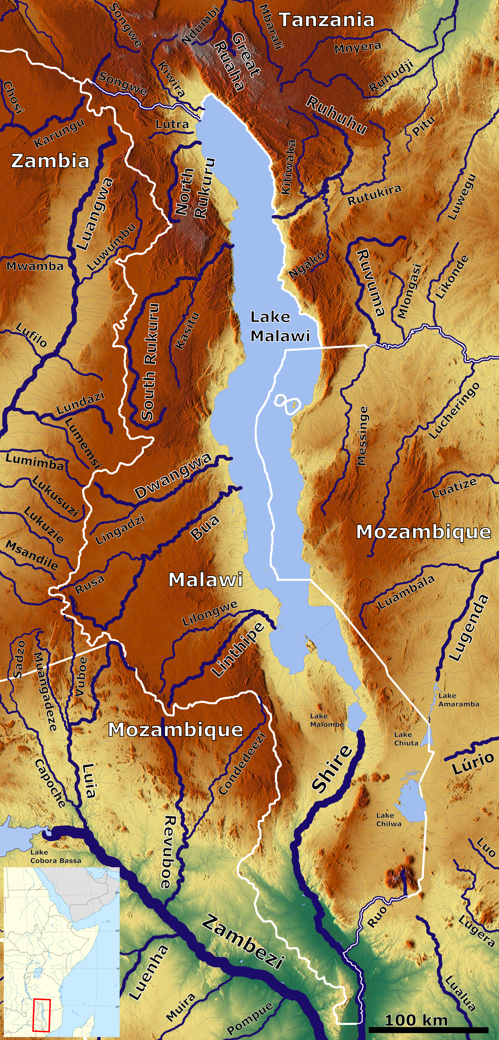 The Shire River catchment with Lake Malawi and the rivers of Mo…