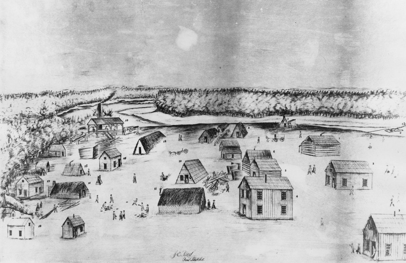 This black and white photograph shows an early illustration of …