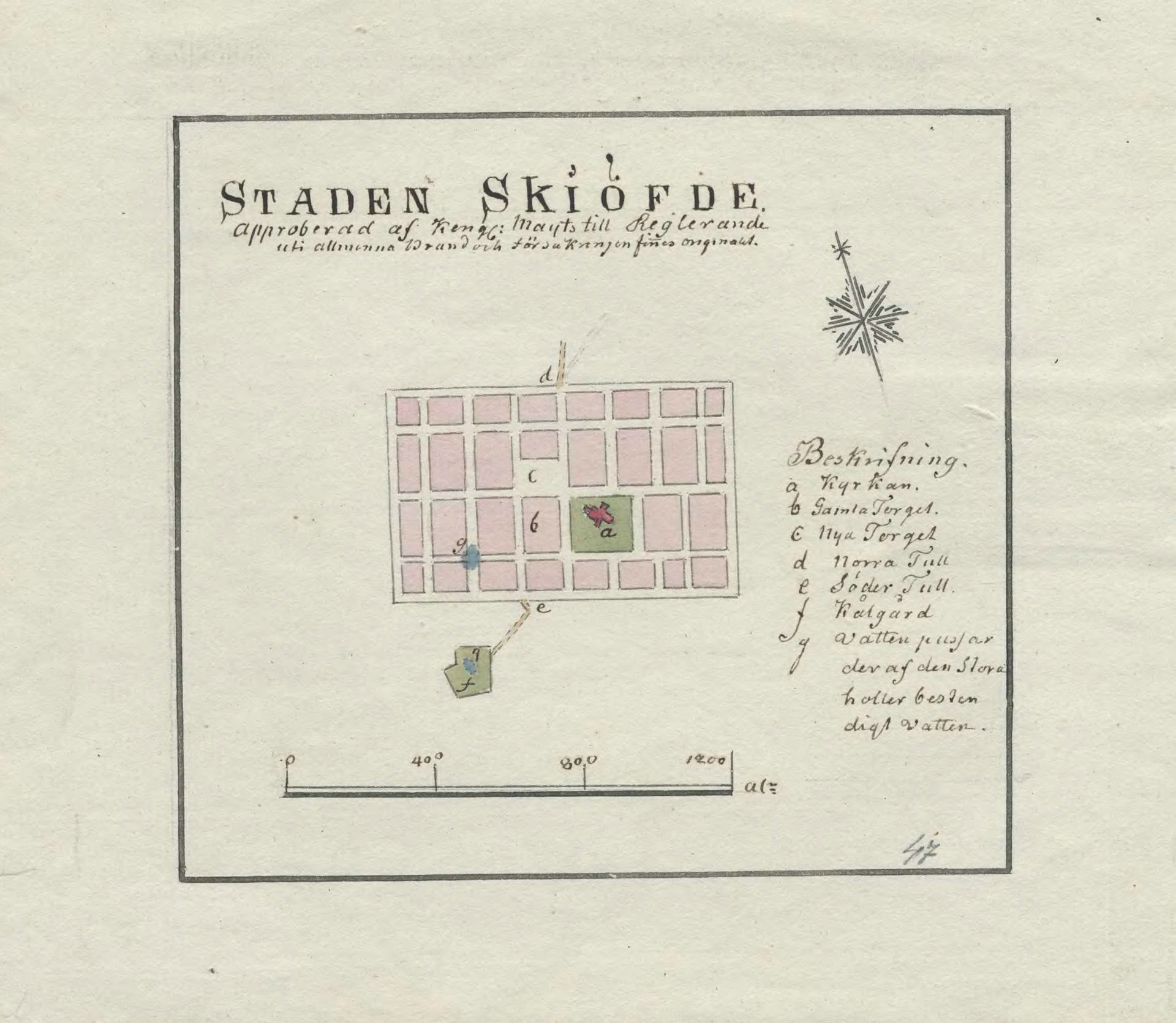 Hand drawn 18th century map of Skövde, Sweden