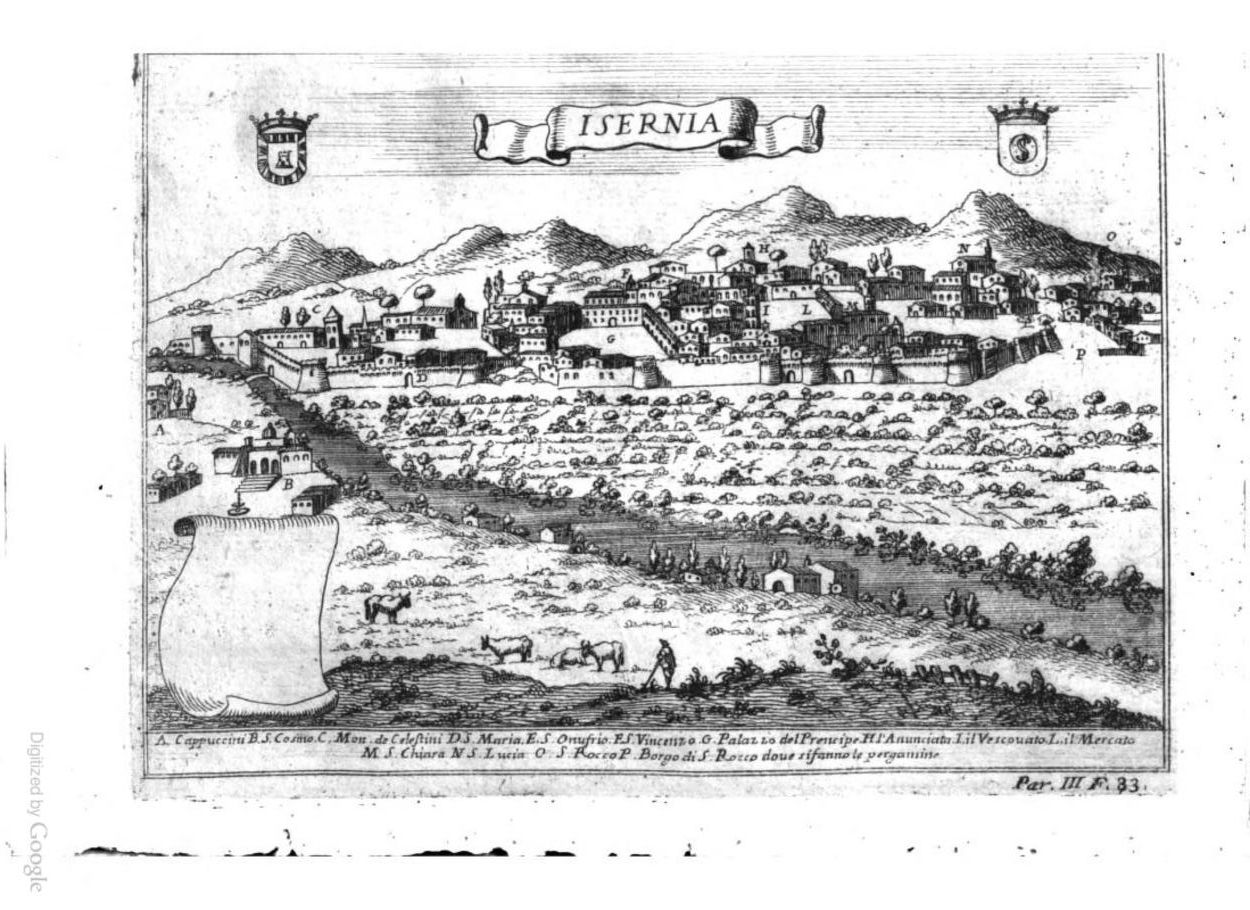 Mappa antica della città di Isernia con legenda dei monumenti p…