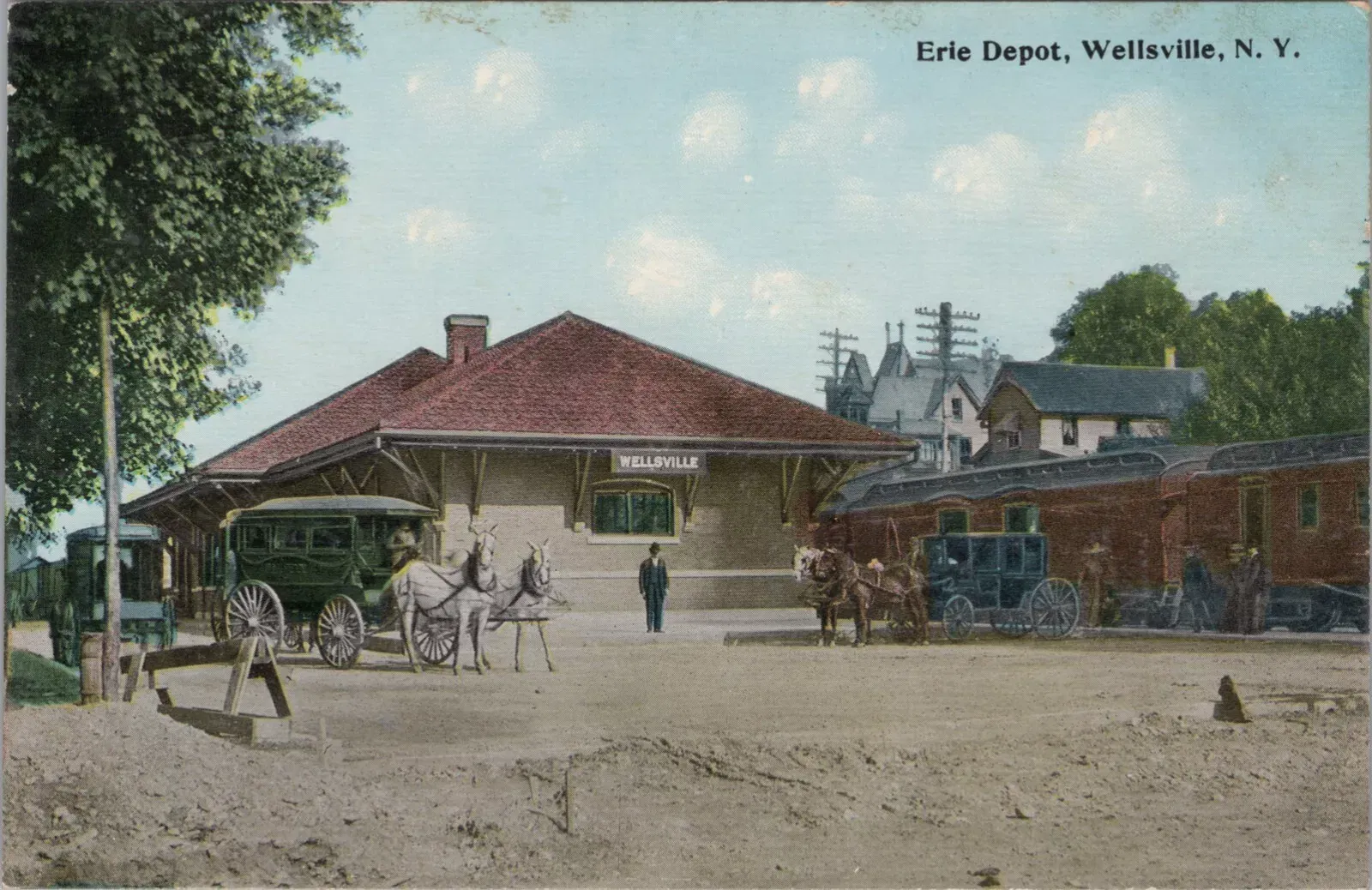 Postcard showing Erie Railroad station in Wellsville, NY